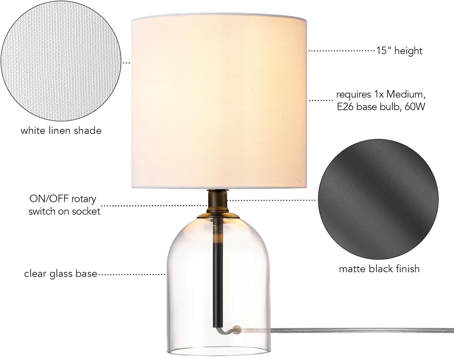 image:imageGlobe Electric 15 Ceramic Table Lamp Matte Black Base WoodToned Accent White Linen Shade Dual Rotary Switch Modern Bedroom or Office Lighting 61000046Matte Black