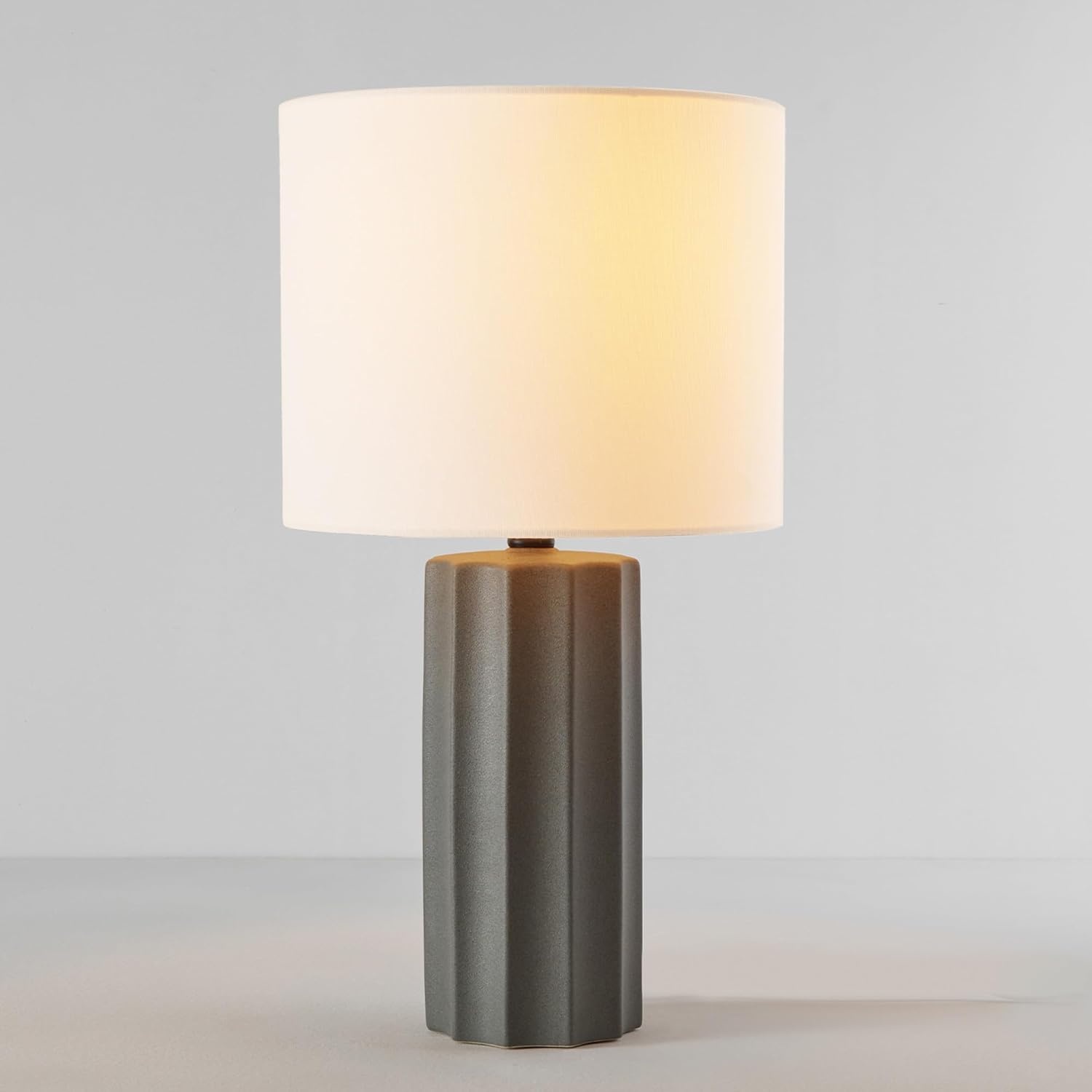image:imageGlobe Electric 15 Ceramic Table Lamp Matte Black Base WoodToned Accent White Linen Shade Dual Rotary Switch Modern Bedroom or Office Lighting 61000046Dark Grey
