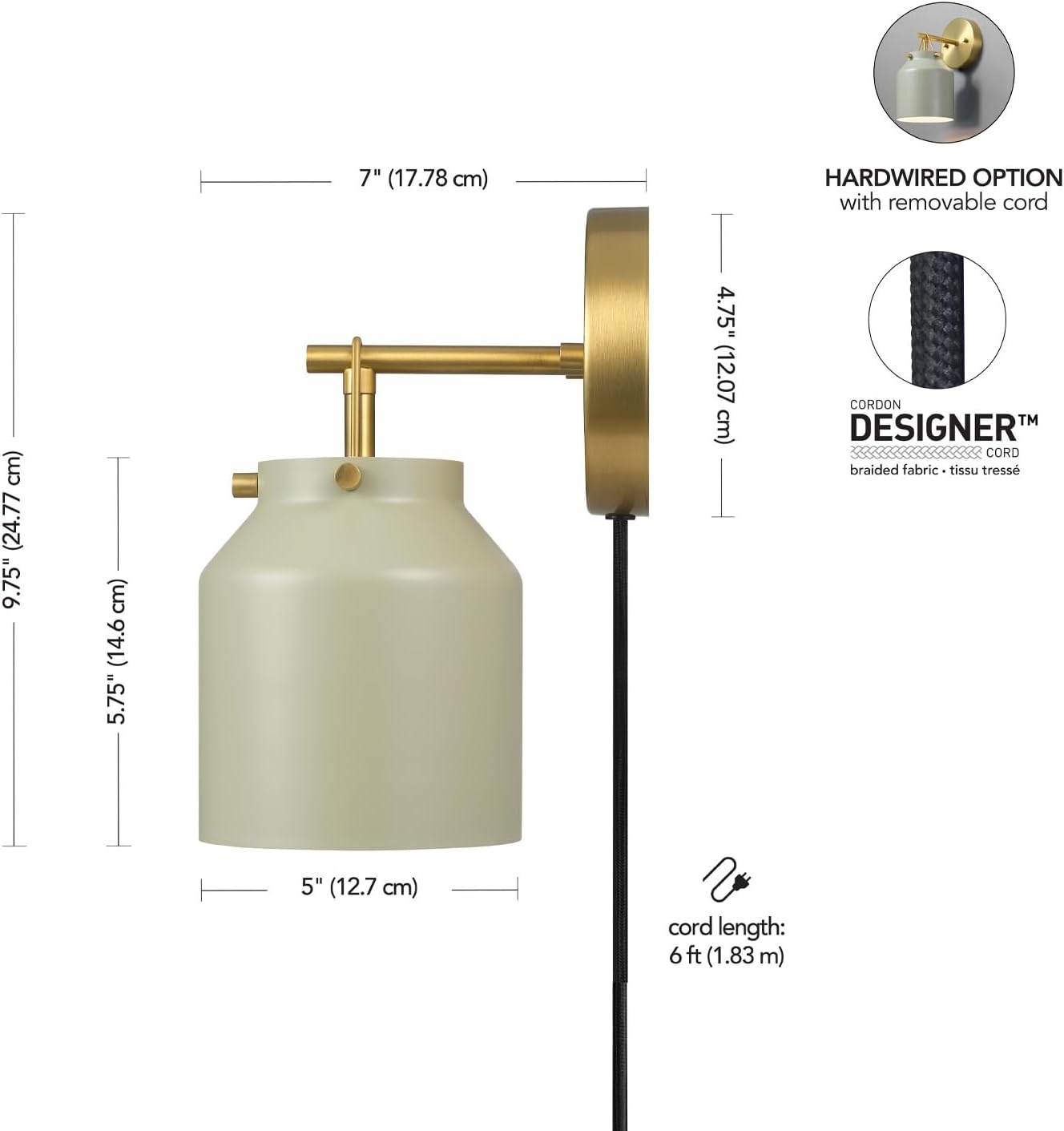 image:imageGlobe Electric 1Light Plugin or Hardwire Wall Sconce Matte Sage Green Matte Brass Accents 6ft Black Braided Fabric Cord inLine Rocker Switch Wall Lights for Living Room Home Dcor