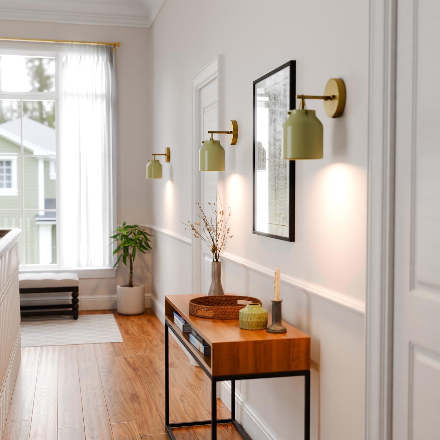 image:imageGlobe Electric 1Light Plugin or Hardwire Wall Sconce Matte Sage Green Matte Brass Accents 6ft Black Braided Fabric Cord inLine Rocker Switch Wall Lights for Living Room Home Dcor