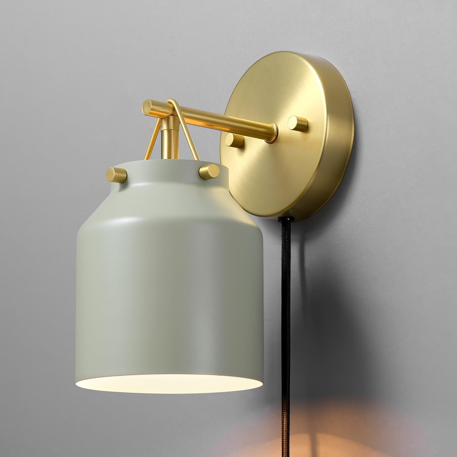 image:imageGlobe Electric 1Light Plugin or Hardwire Wall Sconce Matte Sage Green Matte Brass Accents 6ft Black Braided Fabric Cord inLine Rocker Switch Wall Lights for Living Room Home Dcor