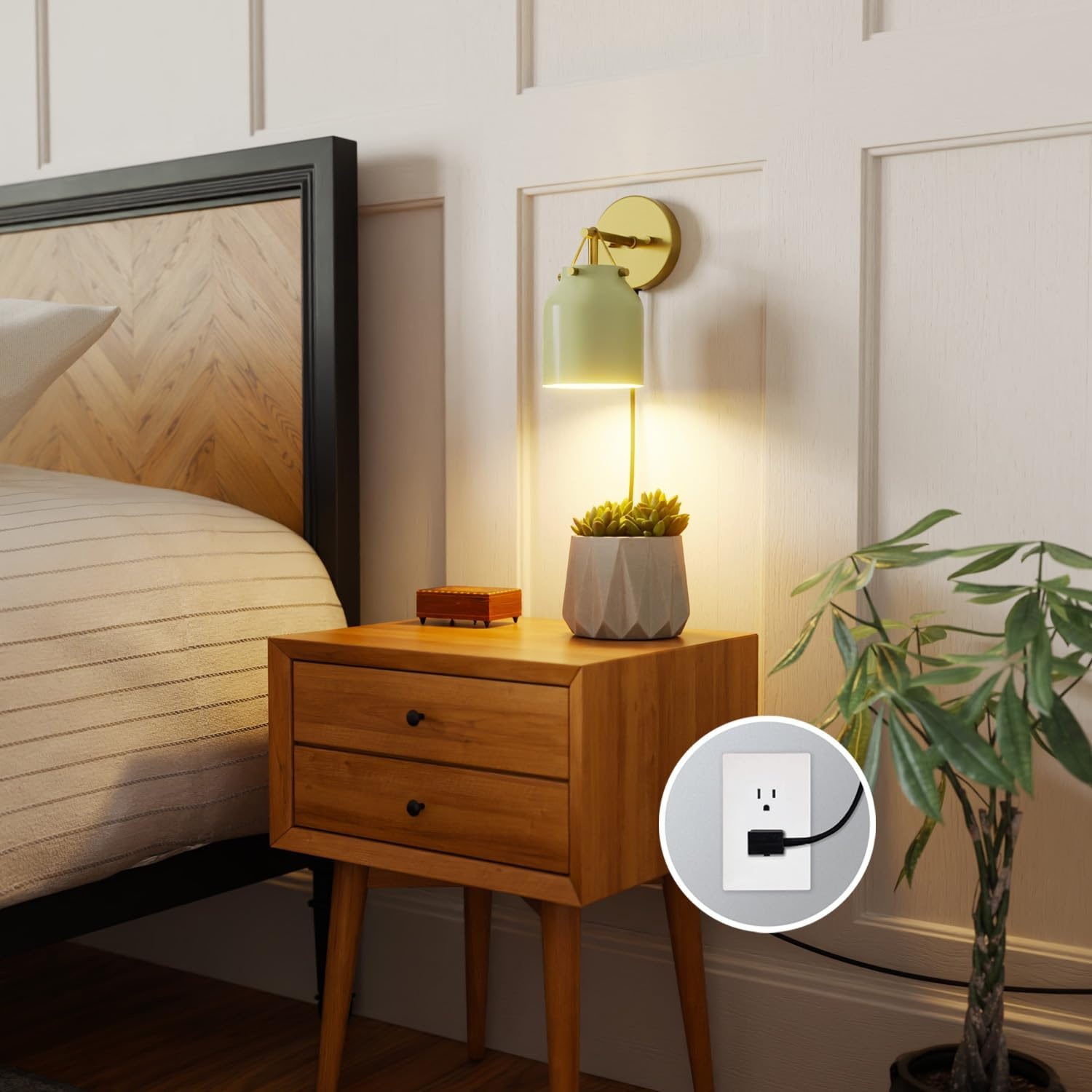image:imageGlobe Electric 1Light Plugin or Hardwire Wall Sconce Matte Sage Green Matte Brass Accents 6ft Black Braided Fabric Cord inLine Rocker Switch Wall Lights for Living Room Home Dcor