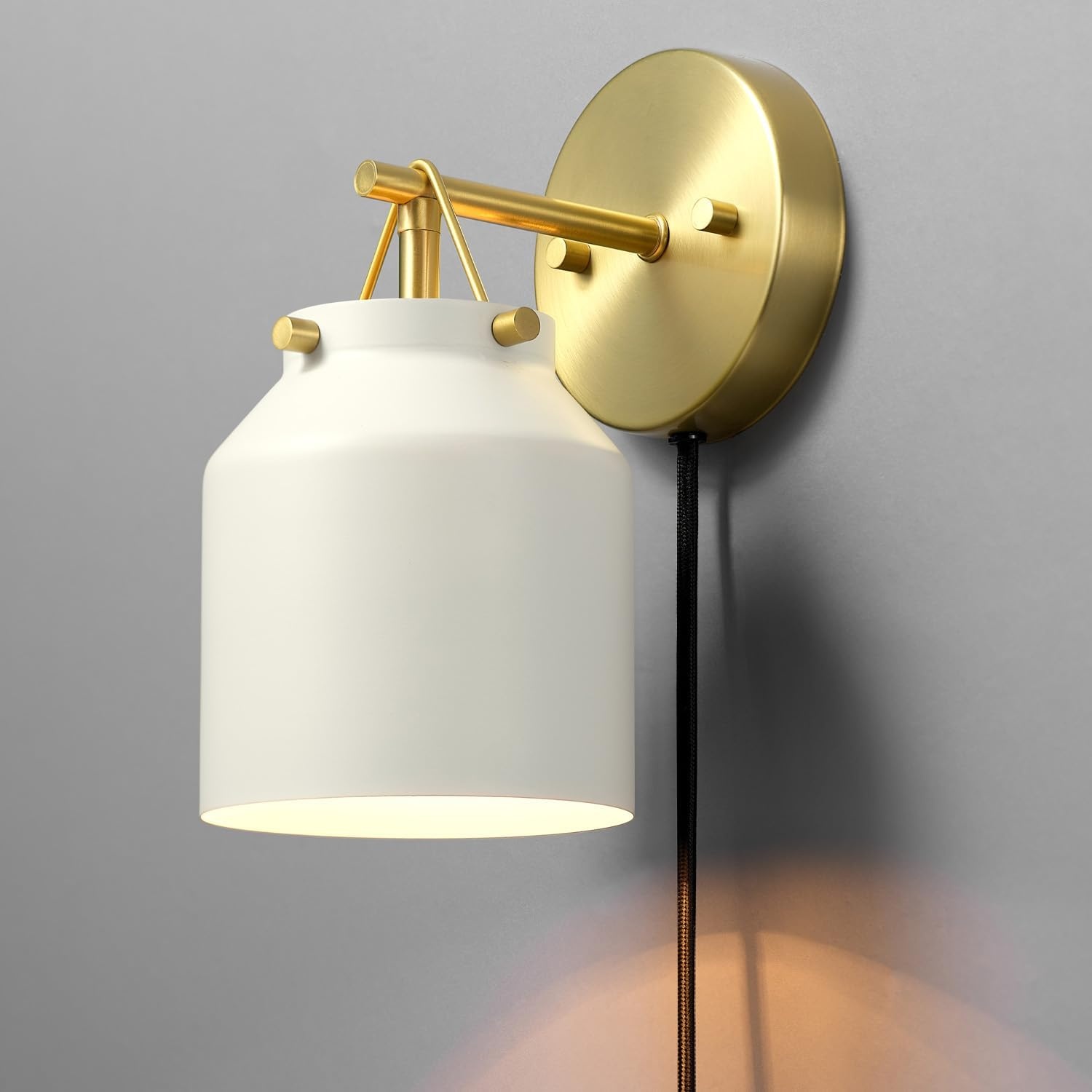 image:imageGlobe Electric 1Light Plugin or Hardwire Wall Sconce Matte White Matte Brass Accents 6ft Black Braided Fabric Cord inLine Rocker Switch Wall Lights for Living Room Home Dcor