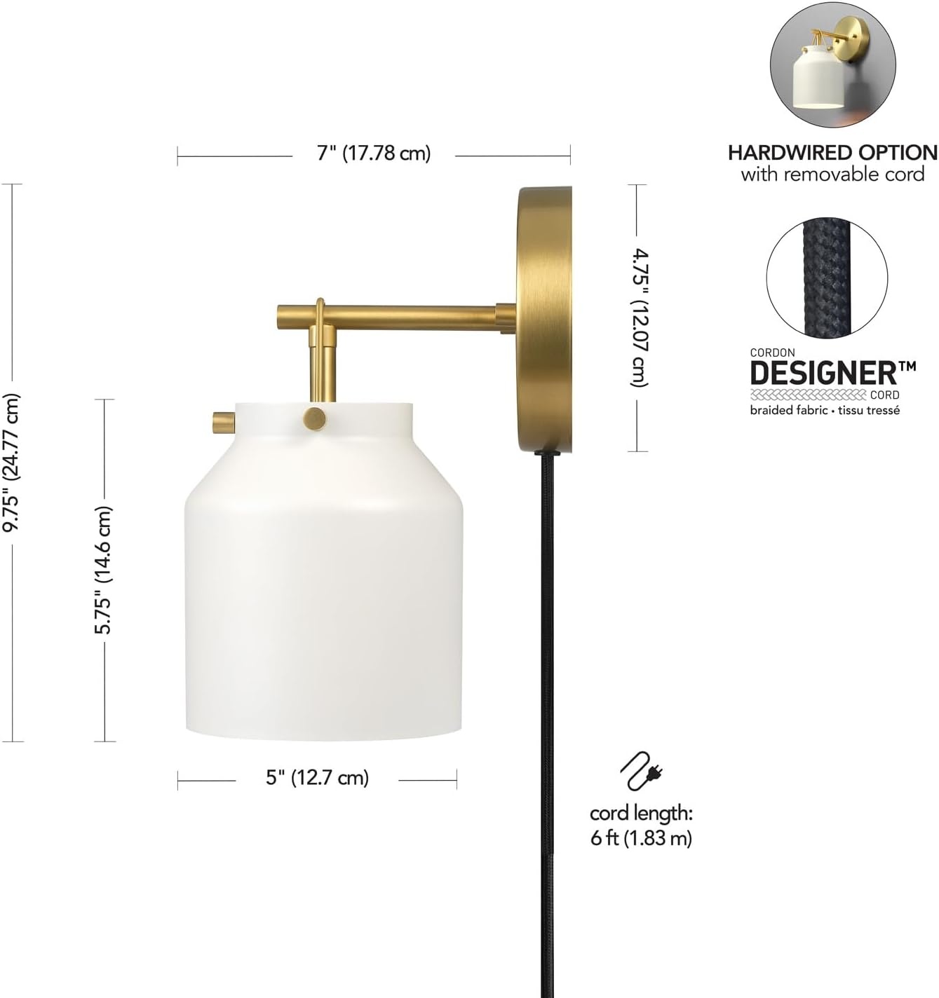 image:imageGlobe Electric 1Light Plugin or Hardwire Wall Sconce Matte White Matte Brass Accents 6ft Black Braided Fabric Cord inLine Rocker Switch Wall Lights for Living Room Home Dcor