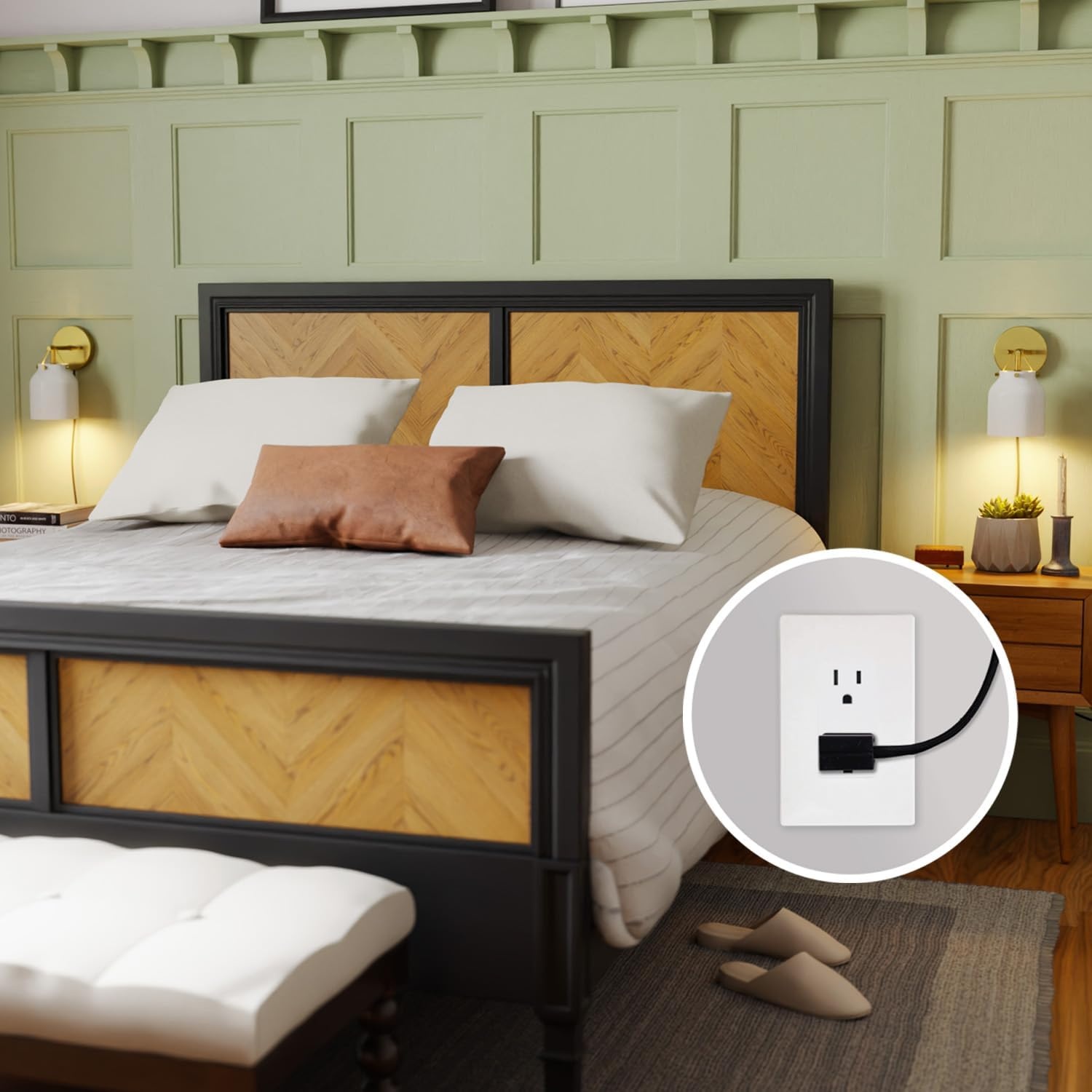 image:imageGlobe Electric 1Light Plugin or Hardwire Wall Sconce Matte White Matte Brass Accents 6ft Black Braided Fabric Cord inLine Rocker Switch Wall Lights for Living Room Home Dcor