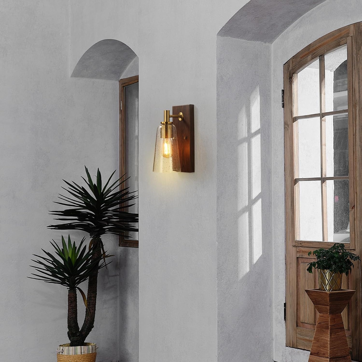 image:imageGlobe Electric 1Light Wall Sconce Matte Brass Ribbed Clear Glass Shade E12 Candelabra Dimmable 65000103Dark Wood