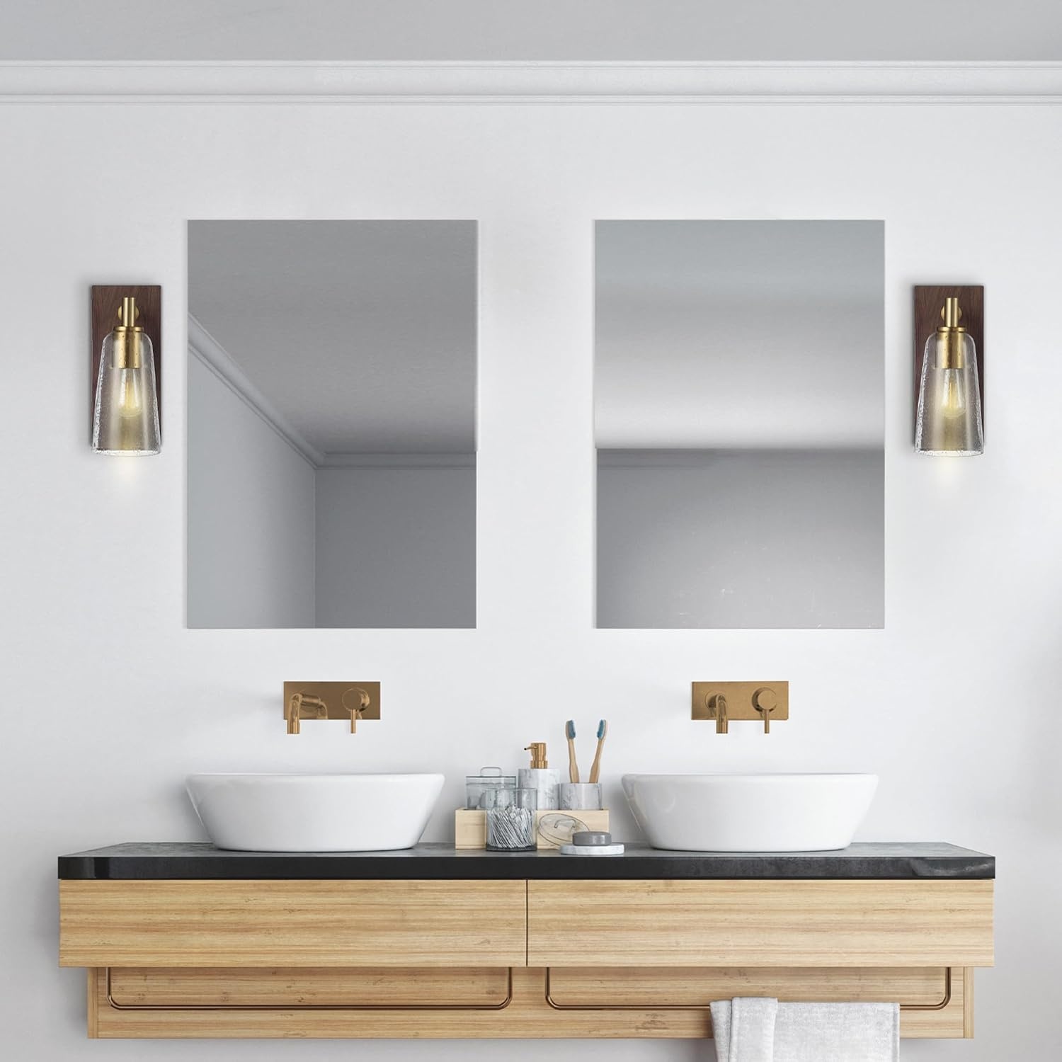 image:imageGlobe Electric 1Light Wall Sconce Matte Brass Ribbed Clear Glass Shade E12 Candelabra Dimmable 65000103Dark Wood