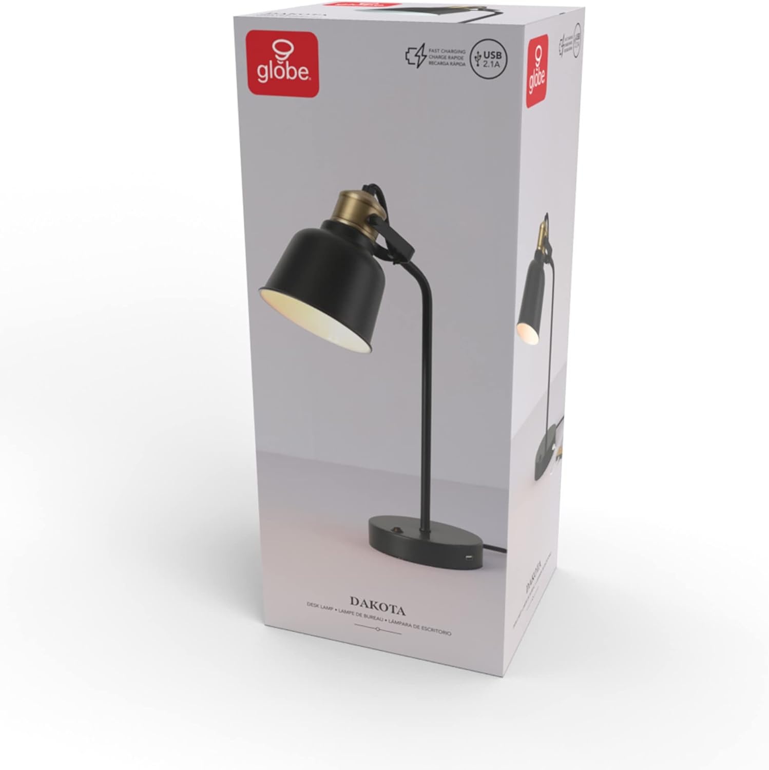 image:imageGlobe Electric 30297 Dakota 18 Desk Lamp with 21 USB Port Matte Black Brass Accents Push Button OnOff Switch