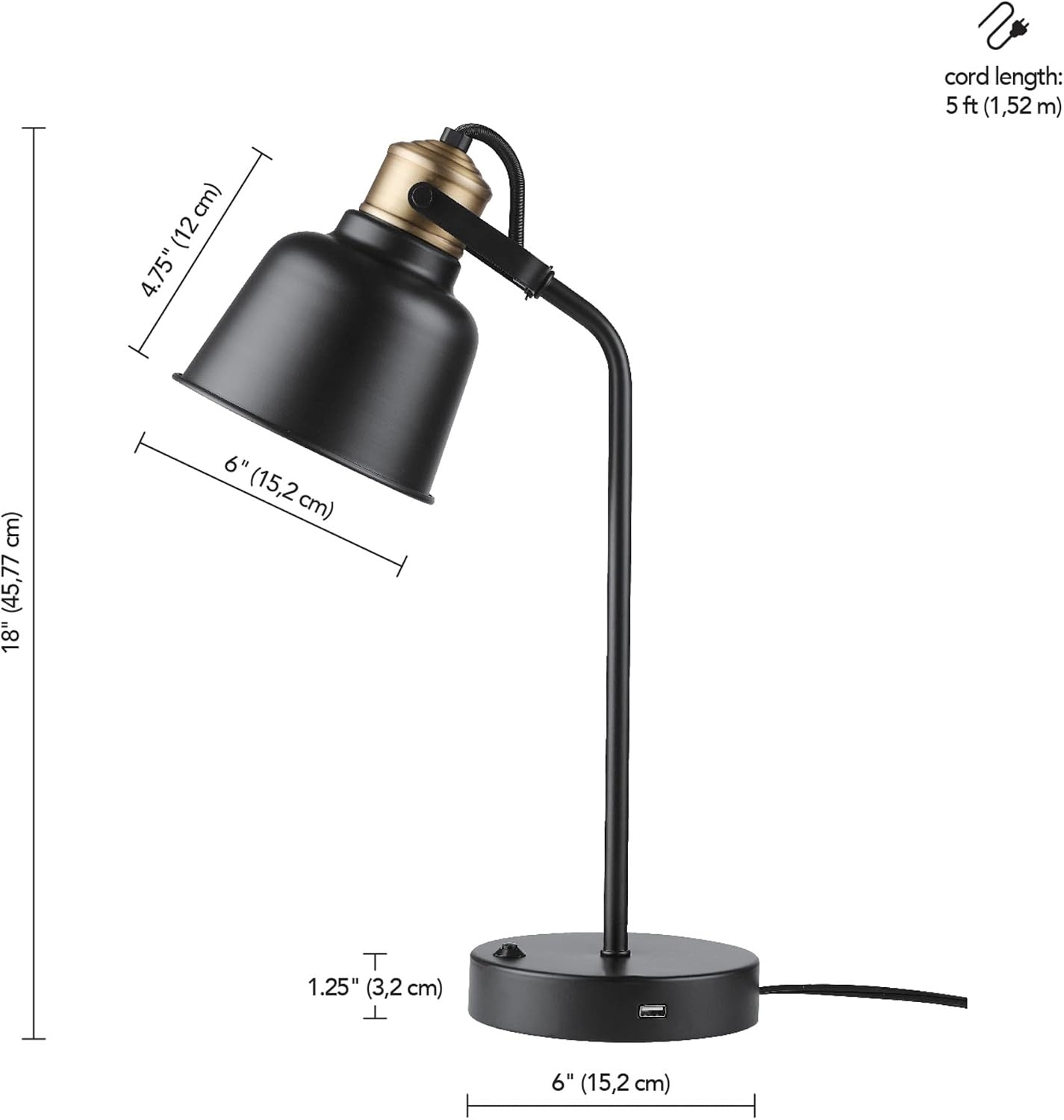 image:imageGlobe Electric 30297 Dakota 18 Desk Lamp with 21 USB Port Matte Black Brass Accents Push Button OnOff Switch