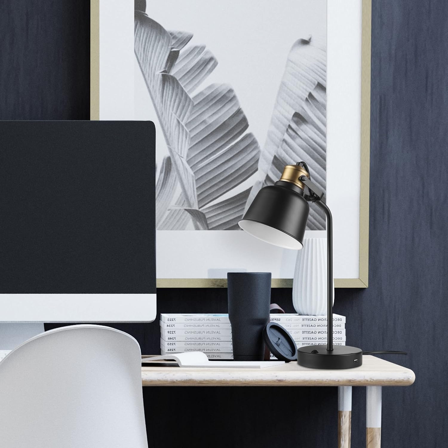 image:imageGlobe Electric 30297 Dakota 18 Desk Lamp with 21 USB Port Matte Black Brass Accents Push Button OnOff Switch