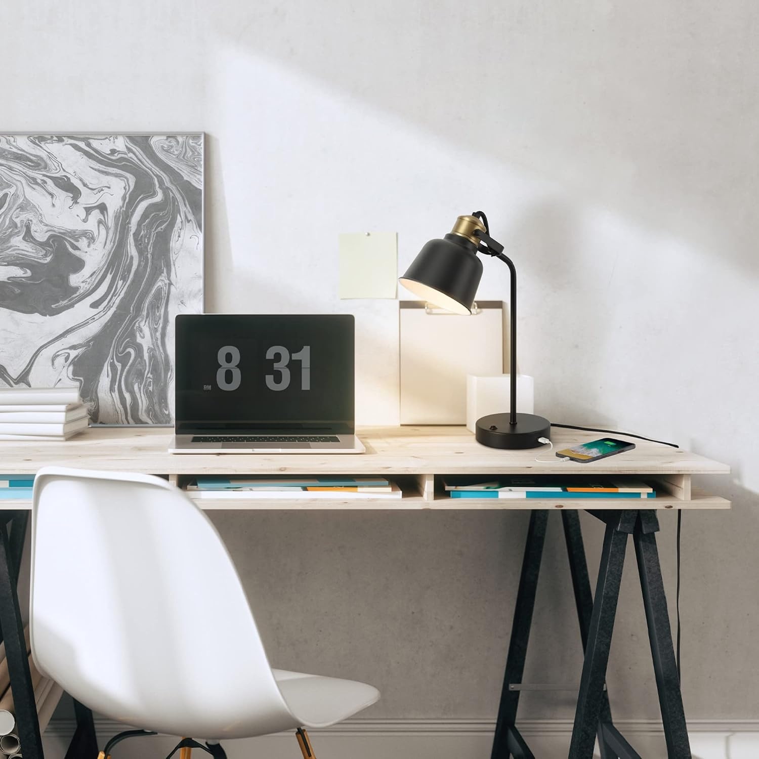 image:imageGlobe Electric 30297 Dakota 18 Desk Lamp with 21 USB Port Matte Black Brass Accents Push Button OnOff Switch