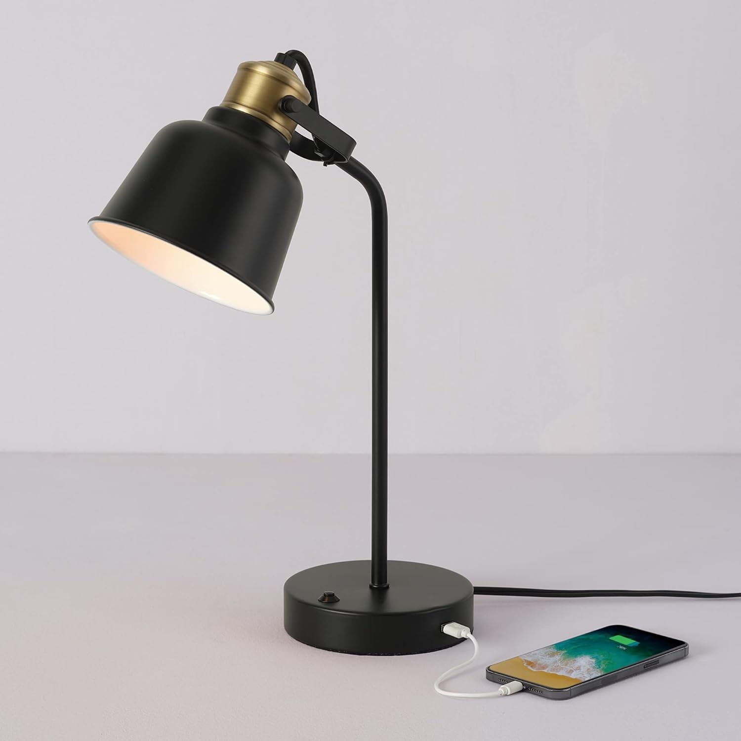 image:imageGlobe Electric 30297 Dakota 18 Desk Lamp with 21 USB Port Matte Black Brass Accents Push Button OnOff Switch