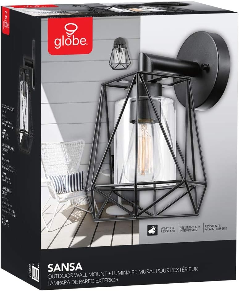 image:imageGlobe Electric 44094 1Light OutdoorIndoor Wall Sconce Black Finish Seeded Glass Shade Coastal Modern Design WeatherResistant E26 BaseBlack Sansa
