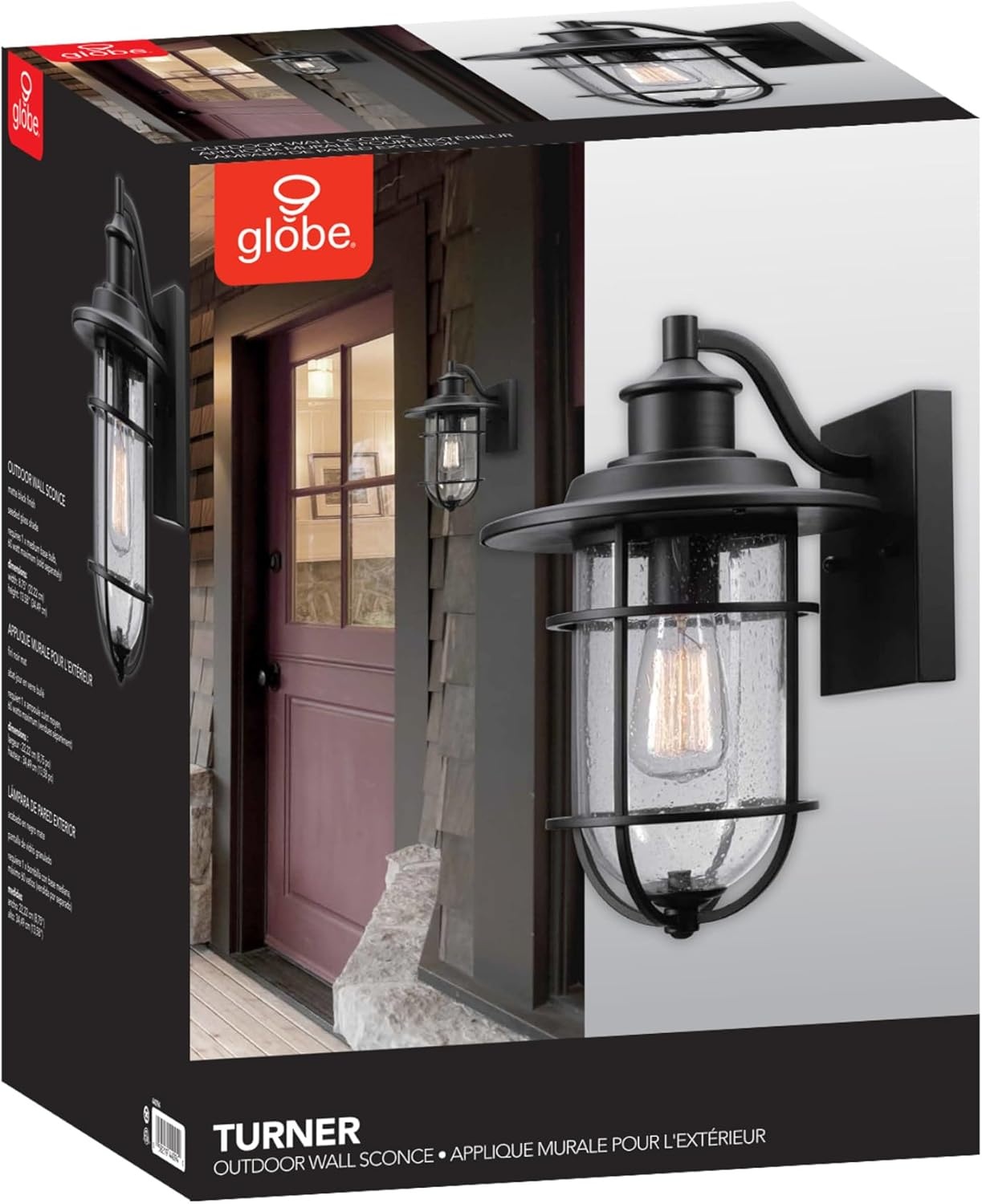 image:imageGlobe Electric 44094 1Light OutdoorIndoor Wall Sconce Black Finish Seeded Glass Shade Coastal Modern Design WeatherResistant E26 BaseBlack Turner