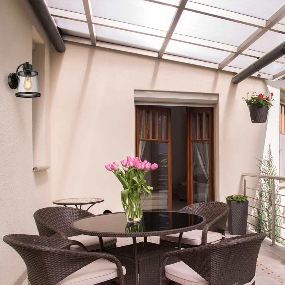 image:imageGlobe Electric 44094 1Light OutdoorIndoor Wall Sconce Black Finish Seeded Glass Shade Coastal Modern Design WeatherResistant E26 BaseBronze Charlie