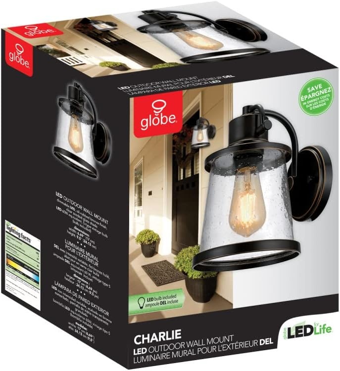 image:imageGlobe Electric 44094 1Light OutdoorIndoor Wall Sconce Black Finish Seeded Glass Shade Coastal Modern Design WeatherResistant E26 BaseBronze Charlie