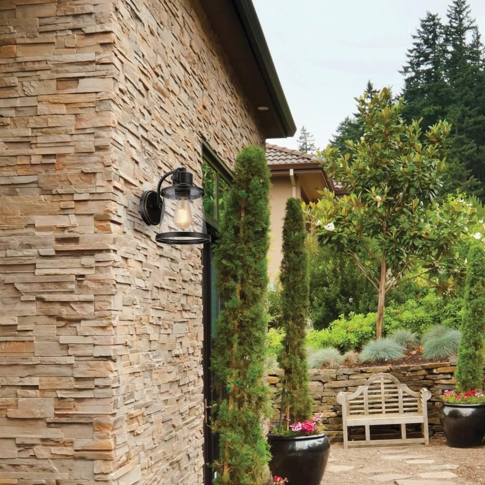 image:imageGlobe Electric 44094 1Light OutdoorIndoor Wall Sconce Black Finish Seeded Glass Shade Coastal Modern Design WeatherResistant E26 BaseBronze Charlie