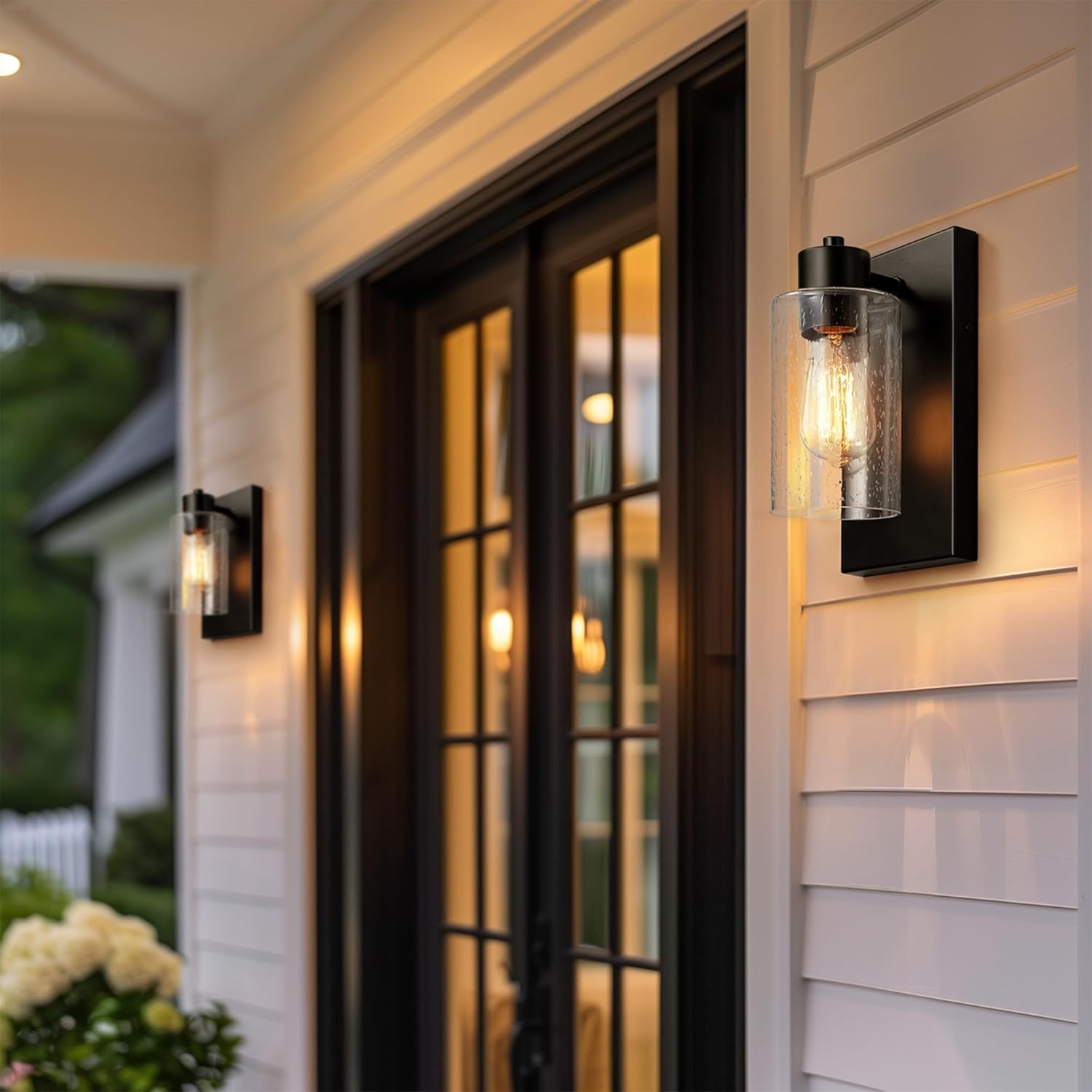 image:imageGlobe Electric 44094 1Light OutdoorIndoor Wall Sconce Black Finish Seeded Glass Shade Coastal Modern Design WeatherResistant E26 BaseBronze Yara