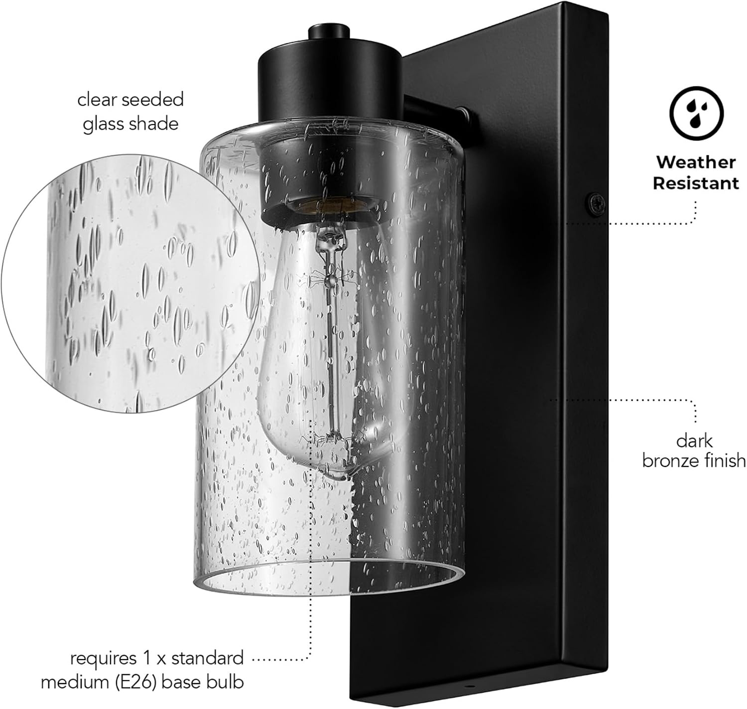 image:imageGlobe Electric 44094 1Light OutdoorIndoor Wall Sconce Black Finish Seeded Glass Shade Coastal Modern Design WeatherResistant E26 BaseBronze Yara