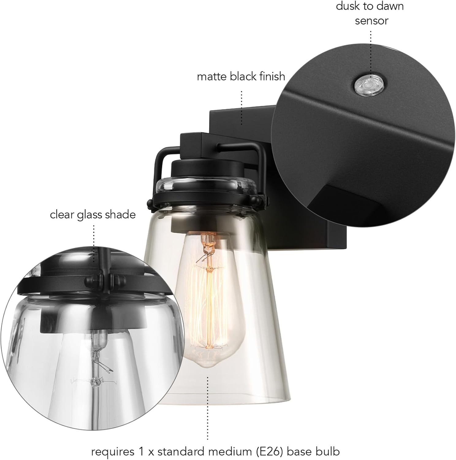 image:imageGlobe Electric 44094 1Light OutdoorIndoor Wall Sconce Black Finish Seeded Glass Shade Coastal Modern Design WeatherResistant E26 BaseMatte Black Dorian