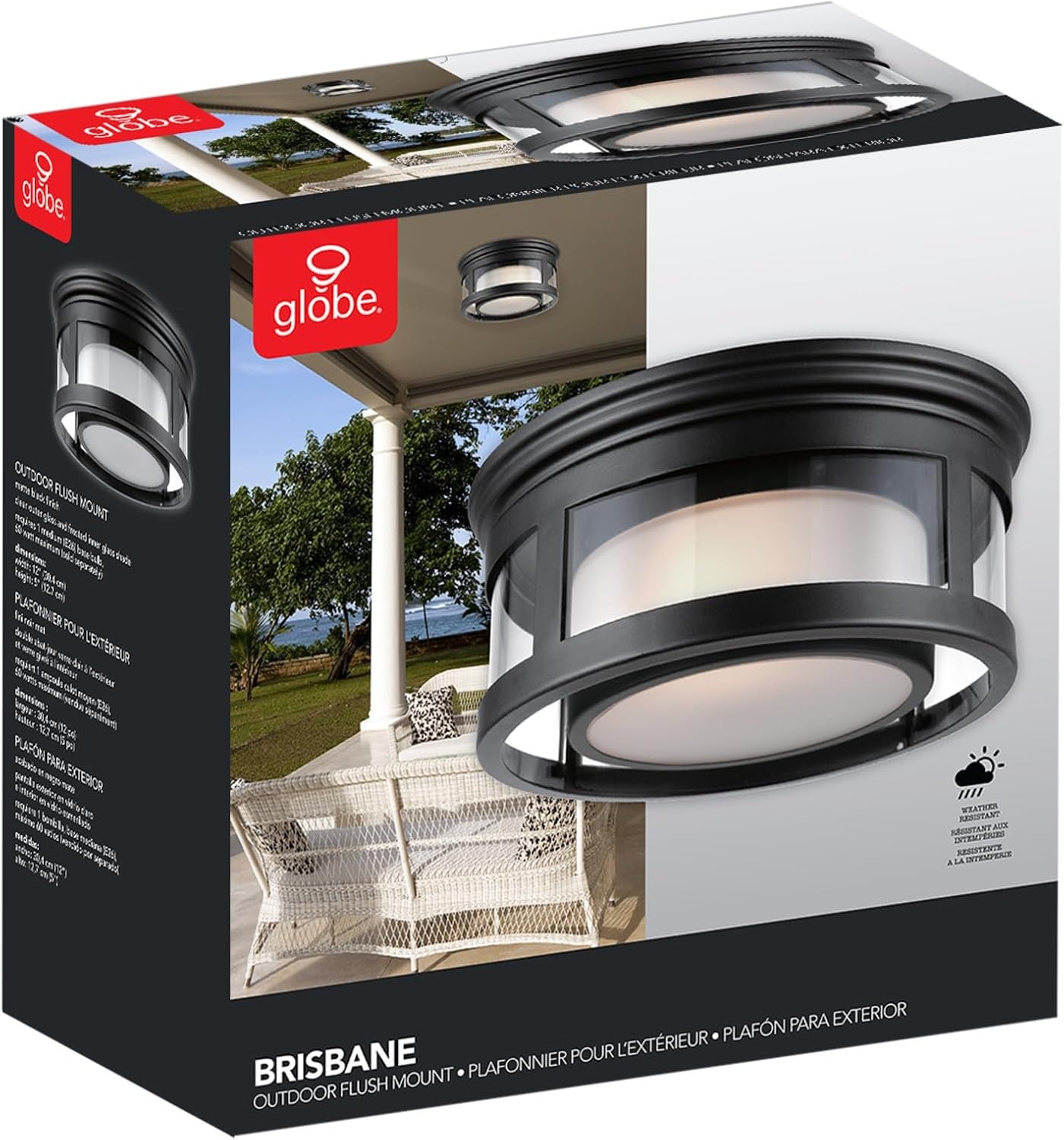 image:imageGlobe Electric 44480 Brisbane 1Light Outdoor Indoor Flush Mount Ceiling Light Matte Black Frosted Glass Shade Bulb Not IncludedBlack Brisbane