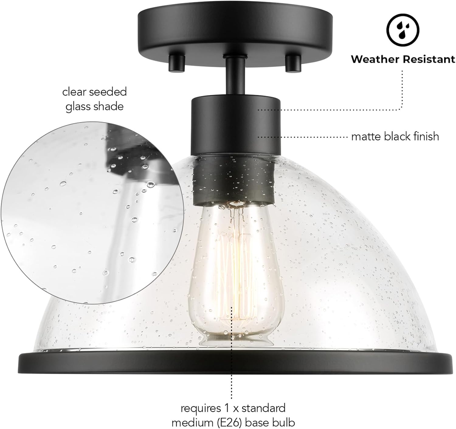 image:imageGlobe Electric 44480 Brisbane 1Light Outdoor Indoor Flush Mount Ceiling Light Matte Black Frosted Glass Shade Bulb Not IncludedBlack Ckayton