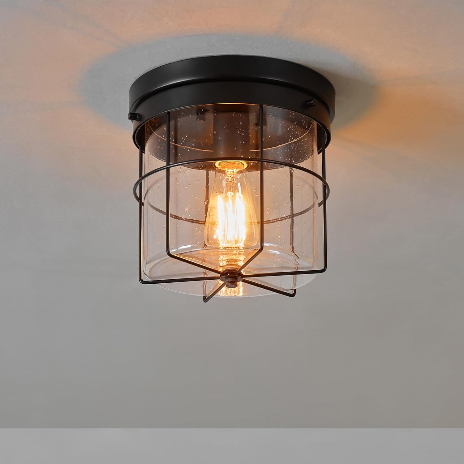 image:imageGlobe Electric 44480 Brisbane 1Light Outdoor Indoor Flush Mount Ceiling Light Matte Black Frosted Glass Shade Bulb Not IncludedBlack Grid