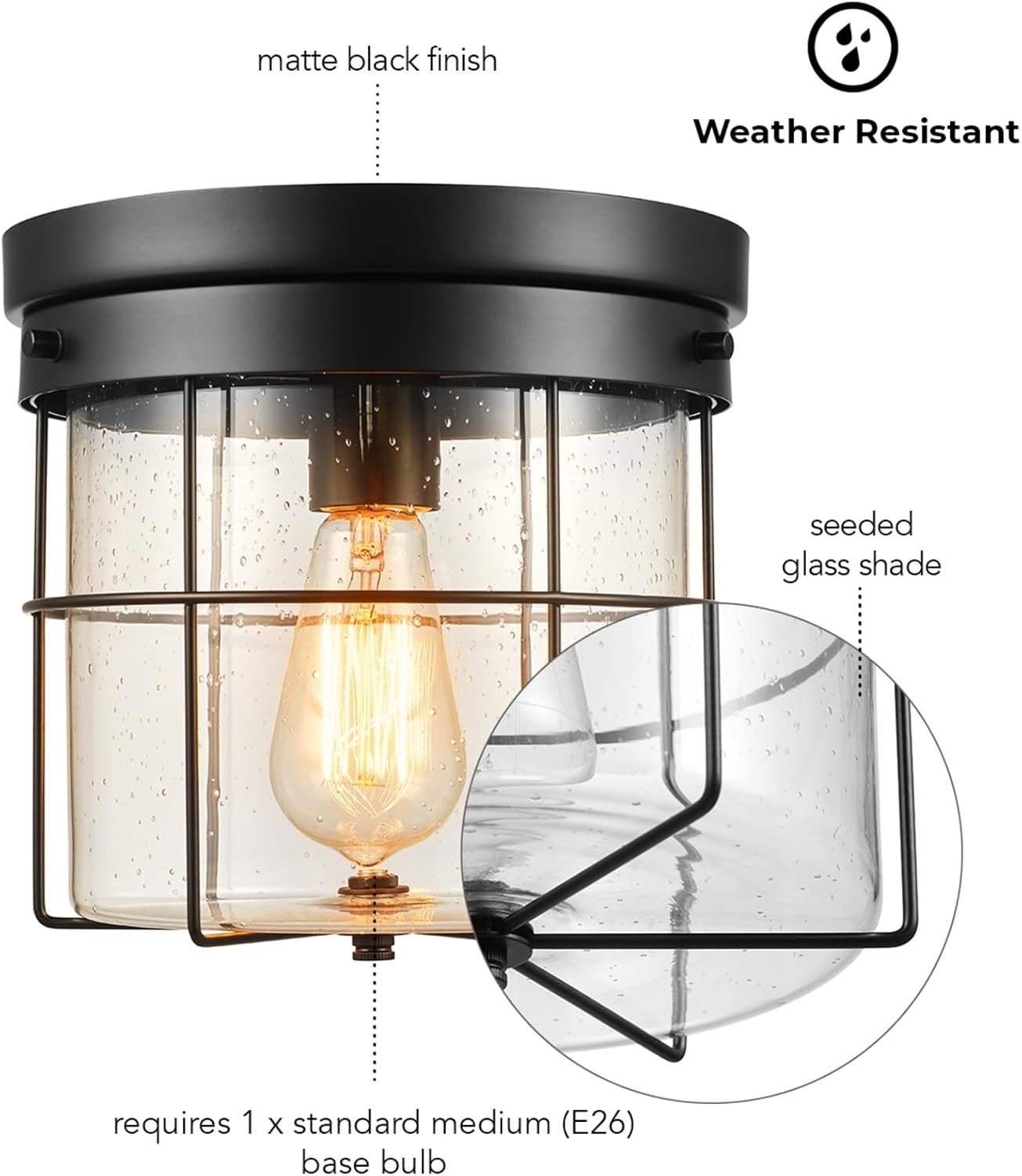 image:imageGlobe Electric 44480 Brisbane 1Light Outdoor Indoor Flush Mount Ceiling Light Matte Black Frosted Glass Shade Bulb Not IncludedBlack Grid