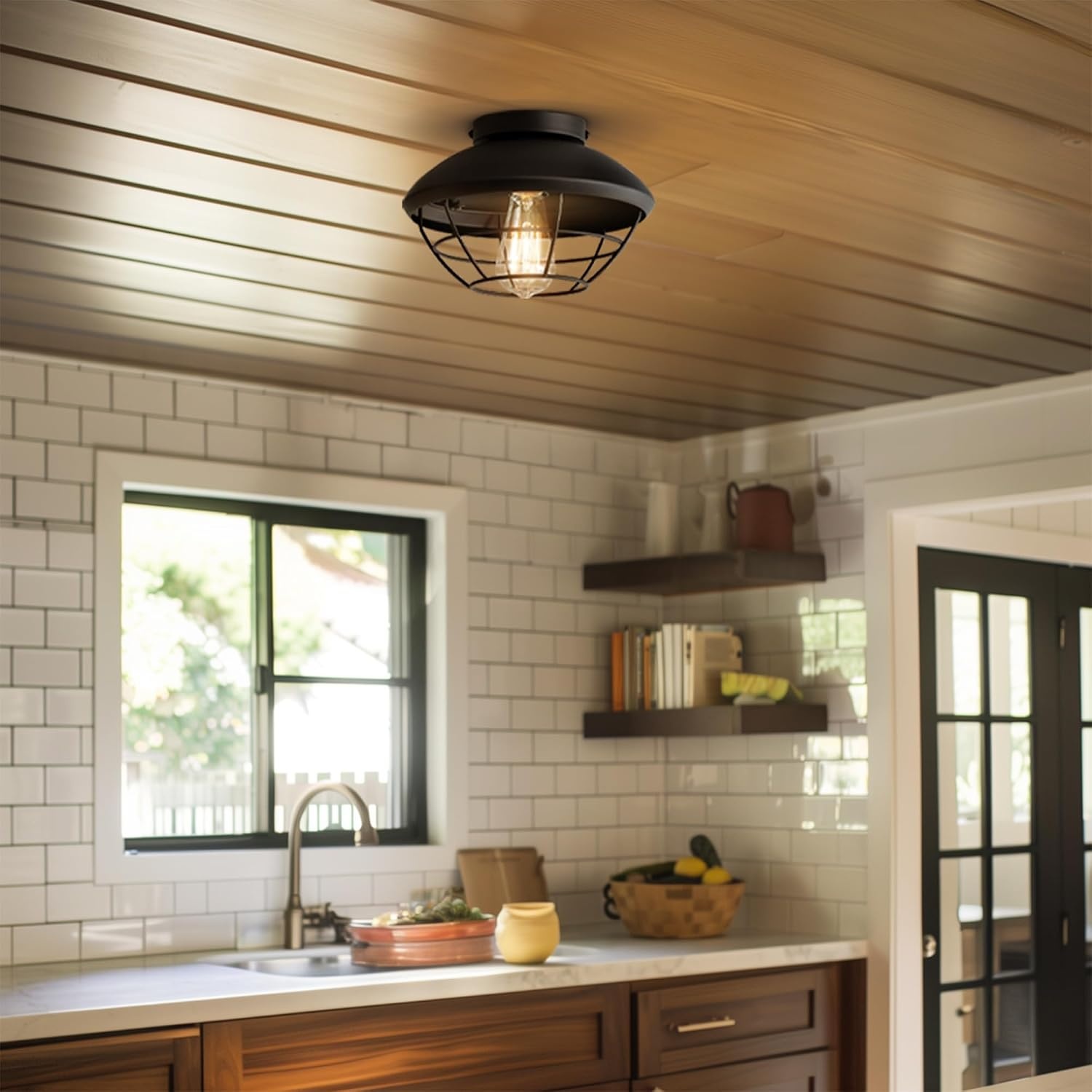 image:imageGlobe Electric 44480 Brisbane 1Light Outdoor Indoor Flush Mount Ceiling Light Matte Black Frosted Glass Shade Bulb Not IncludedBlack Sam