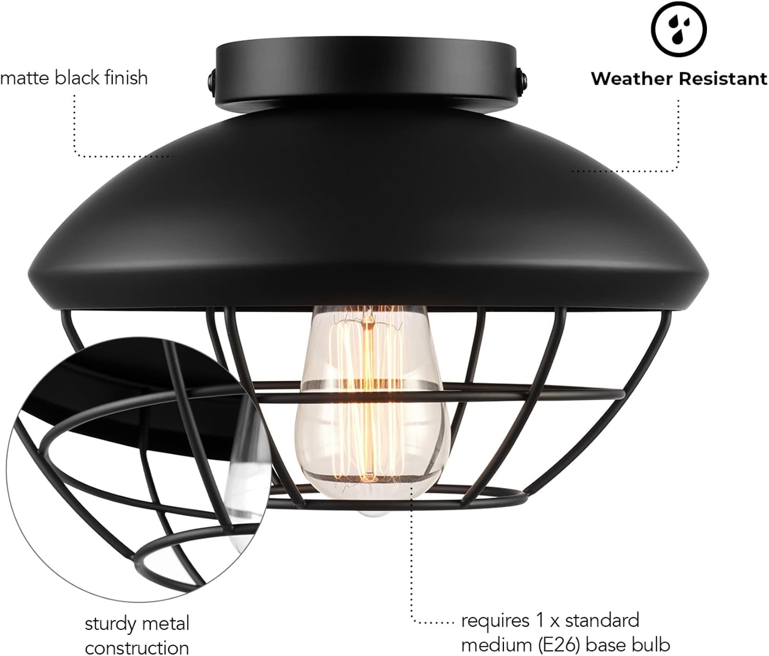 image:imageGlobe Electric 44480 Brisbane 1Light Outdoor Indoor Flush Mount Ceiling Light Matte Black Frosted Glass Shade Bulb Not IncludedBlack Sam