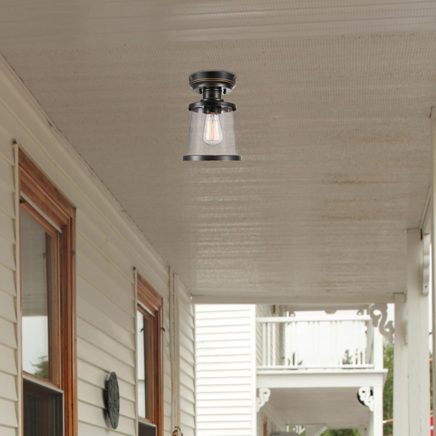 image:imageGlobe Electric 44480 Brisbane 1Light Outdoor Indoor Flush Mount Ceiling Light Matte Black Frosted Glass Shade Bulb Not IncludedBronze Charlie