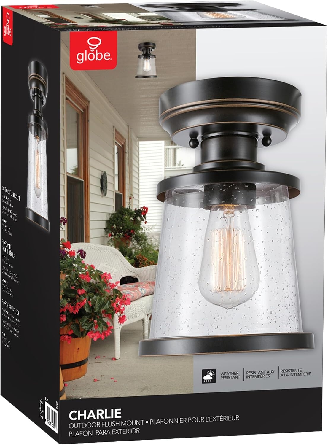 image:imageGlobe Electric 44480 Brisbane 1Light Outdoor Indoor Flush Mount Ceiling Light Matte Black Frosted Glass Shade Bulb Not IncludedBronze Charlie