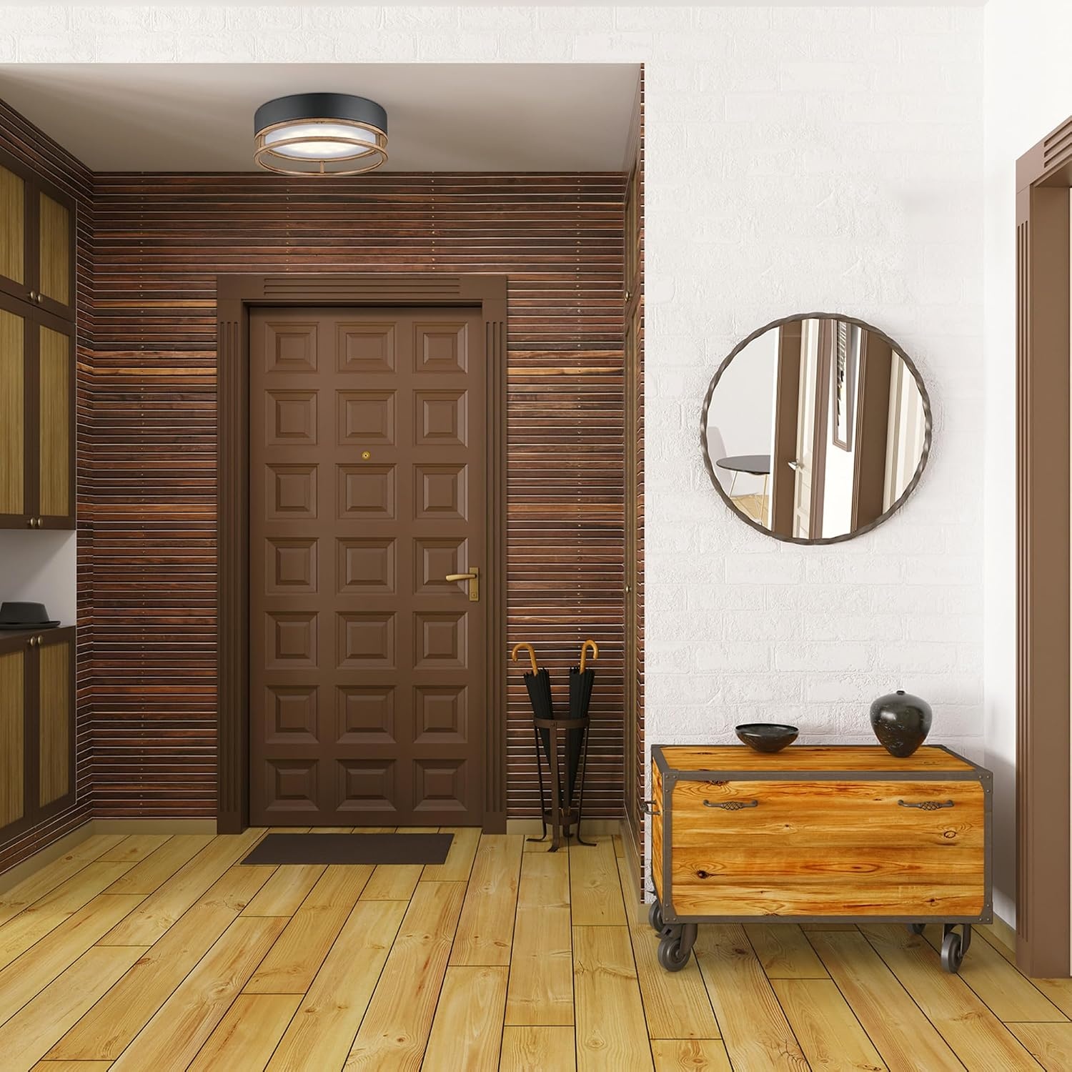 image:imageGlobe Electric 44663 1Light Integrated LED OutdoorIndoor Flush Mount Ceiling Light Matte Black and Faux Wood Finish Frosted Diffuser Weather Resistant Modern Rustic Design