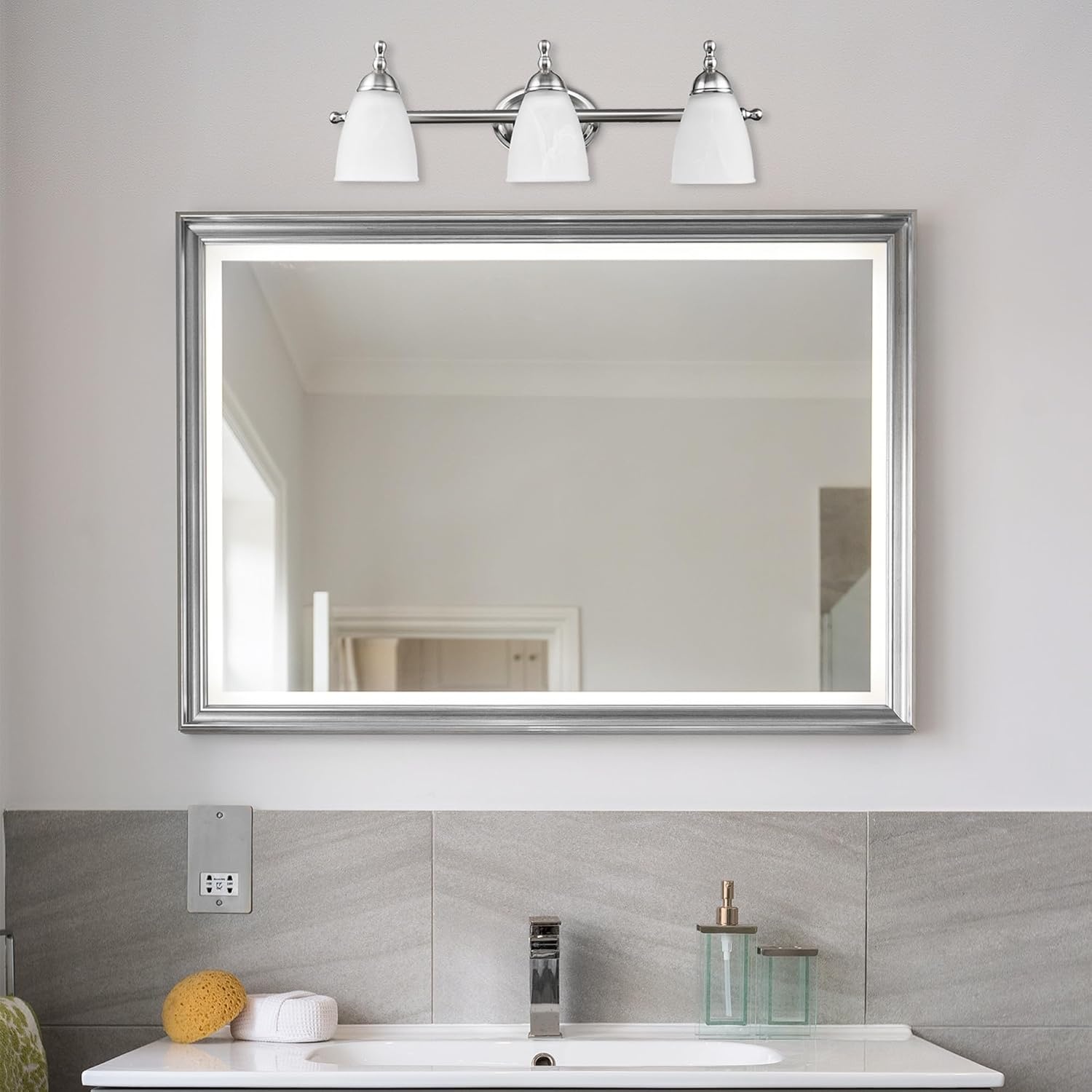 image:imageGlobe Electric 50783 23 3Light Vanity Light Satin Nickel Alabaster Glass Shades Beauty Room Accessories Bathroom Lights Over Mirror Makeup Mirror Lights Wall LightSatin Nickel