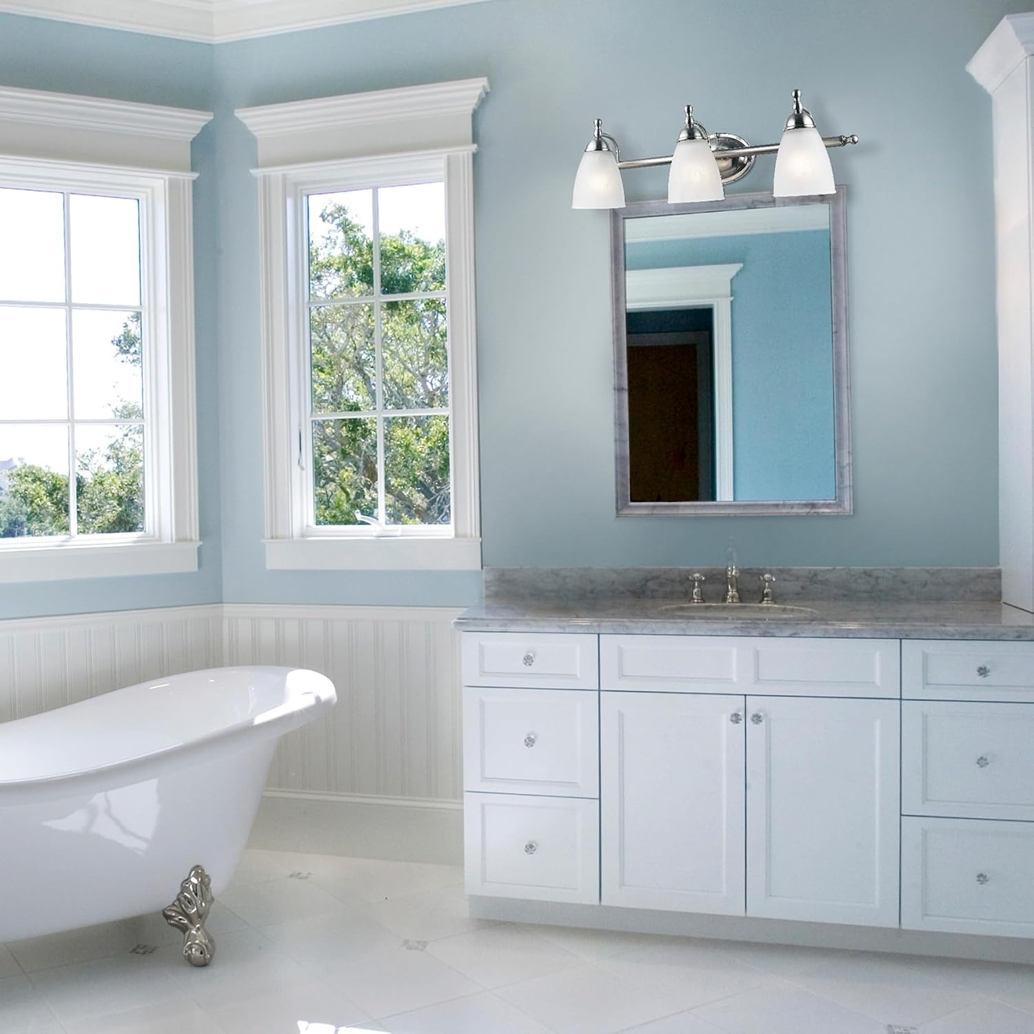 image:imageGlobe Electric 50783 23 3Light Vanity Light Satin Nickel Alabaster Glass Shades Beauty Room Accessories Bathroom Lights Over Mirror Makeup Mirror Lights Wall LightSatin Nickel