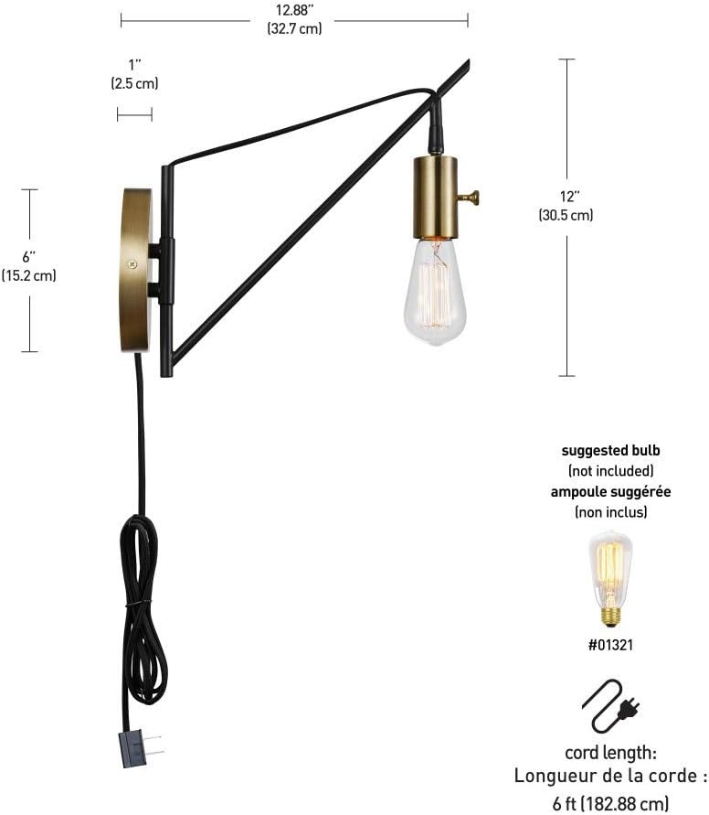 image:imageGlobe Electric 51343 1Light Plugin or Hardwire Wall Sconce Bronze Finish Brass Accents 6ft Black Woven Fabric Cord Flat Plug Socket Rotary OnOff Switch Bulb Not Included12