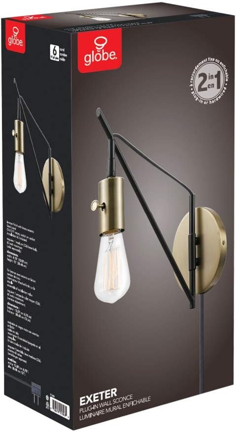 image:imageGlobe Electric 51343 1Light Plugin or Hardwire Wall Sconce Bronze Finish Brass Accents 6ft Black Woven Fabric Cord Flat Plug Socket Rotary OnOff Switch Bulb Not Included12 Pack of 2