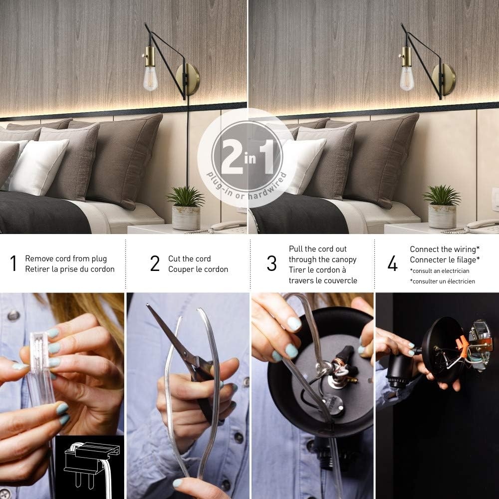 image:imageGlobe Electric 51343 1Light Plugin or Hardwire Wall Sconce Bronze Finish Brass Accents 6ft Black Woven Fabric Cord Flat Plug Socket Rotary OnOff Switch Bulb Not Included12 Pack of 2
