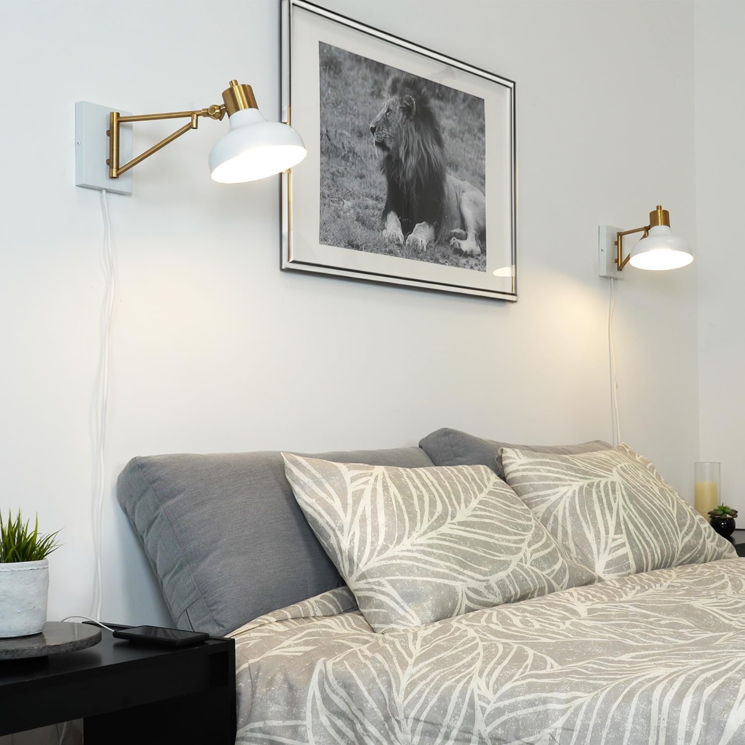 image:imageGlobe Electric 51344 1Light Plugin or Hardwire Swing Arm Wall Sconce White Brass Accents WhiteCloth Cord Mounted Bedside Lamp Kitchen Sconces WallLighting Bulb Not Included575