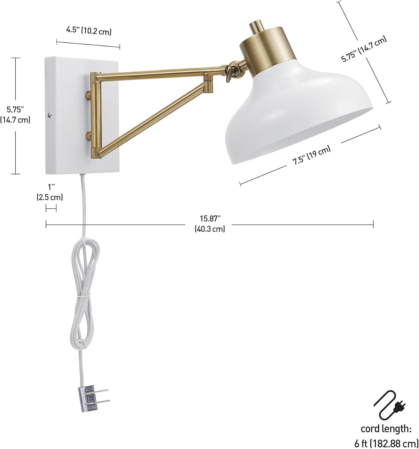 image:imageGlobe Electric 51344 1Light Plugin or Hardwire Swing Arm Wall Sconce White Brass Accents WhiteCloth Cord Mounted Bedside Lamp Kitchen Sconces WallLighting Bulb Not Included575
