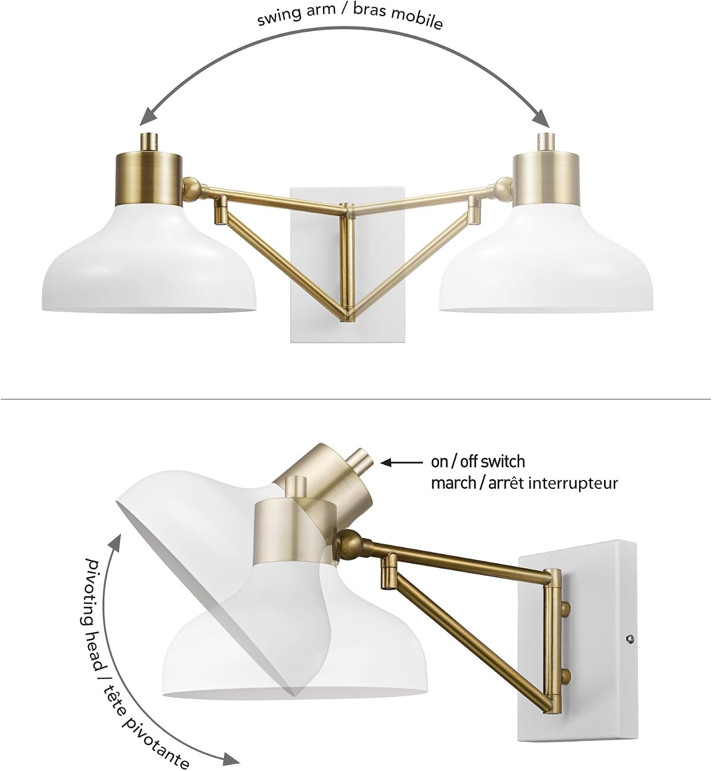 image:imageGlobe Electric 51344 1Light Plugin or Hardwire Swing Arm Wall Sconce White Brass Accents WhiteCloth Cord Mounted Bedside Lamp Kitchen Sconces WallLighting Bulb Not Included575