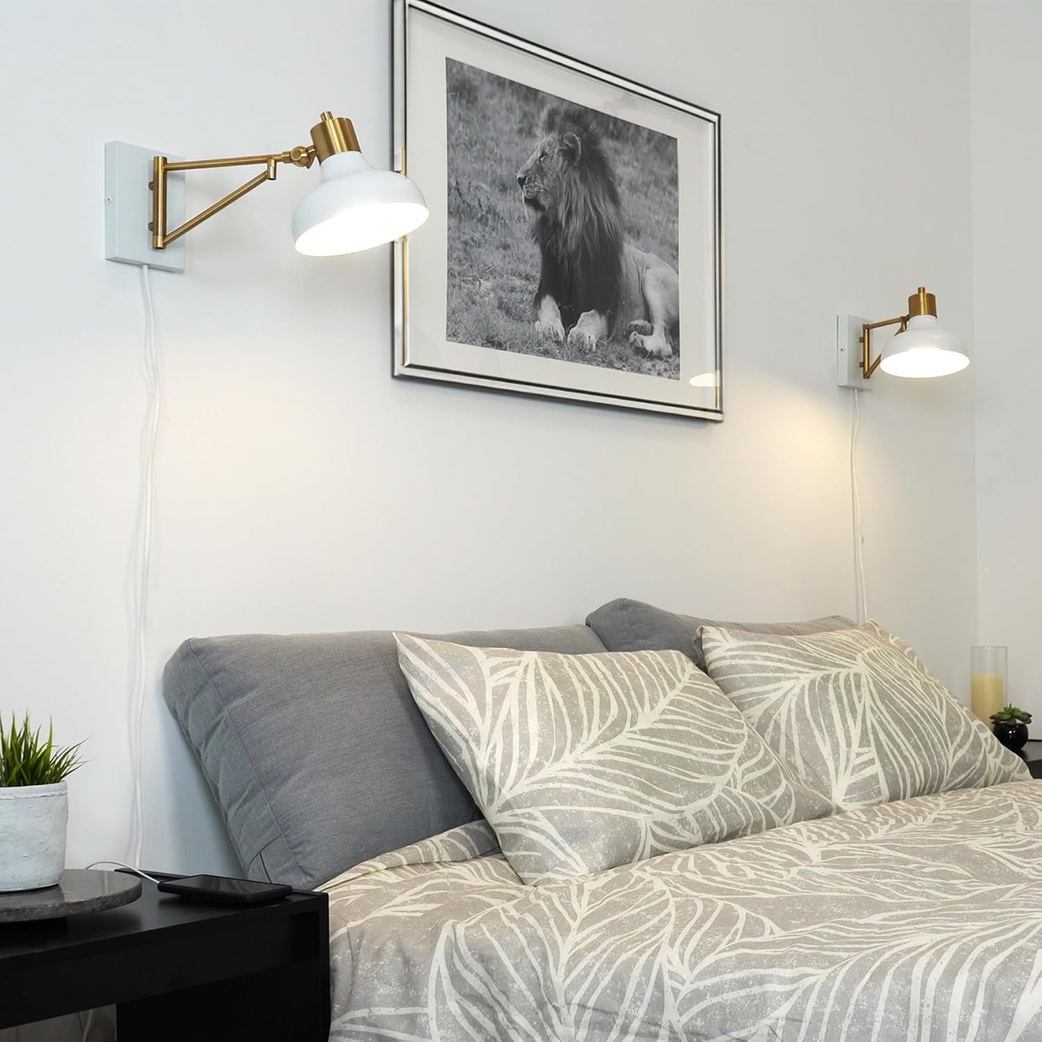 image:imageGlobe Electric 51344 1Light Plugin or Hardwire Swing Arm Wall Sconce White Brass Accents WhiteCloth Cord Mounted Bedside Lamp Kitchen Sconces WallLighting Bulb Not Included575