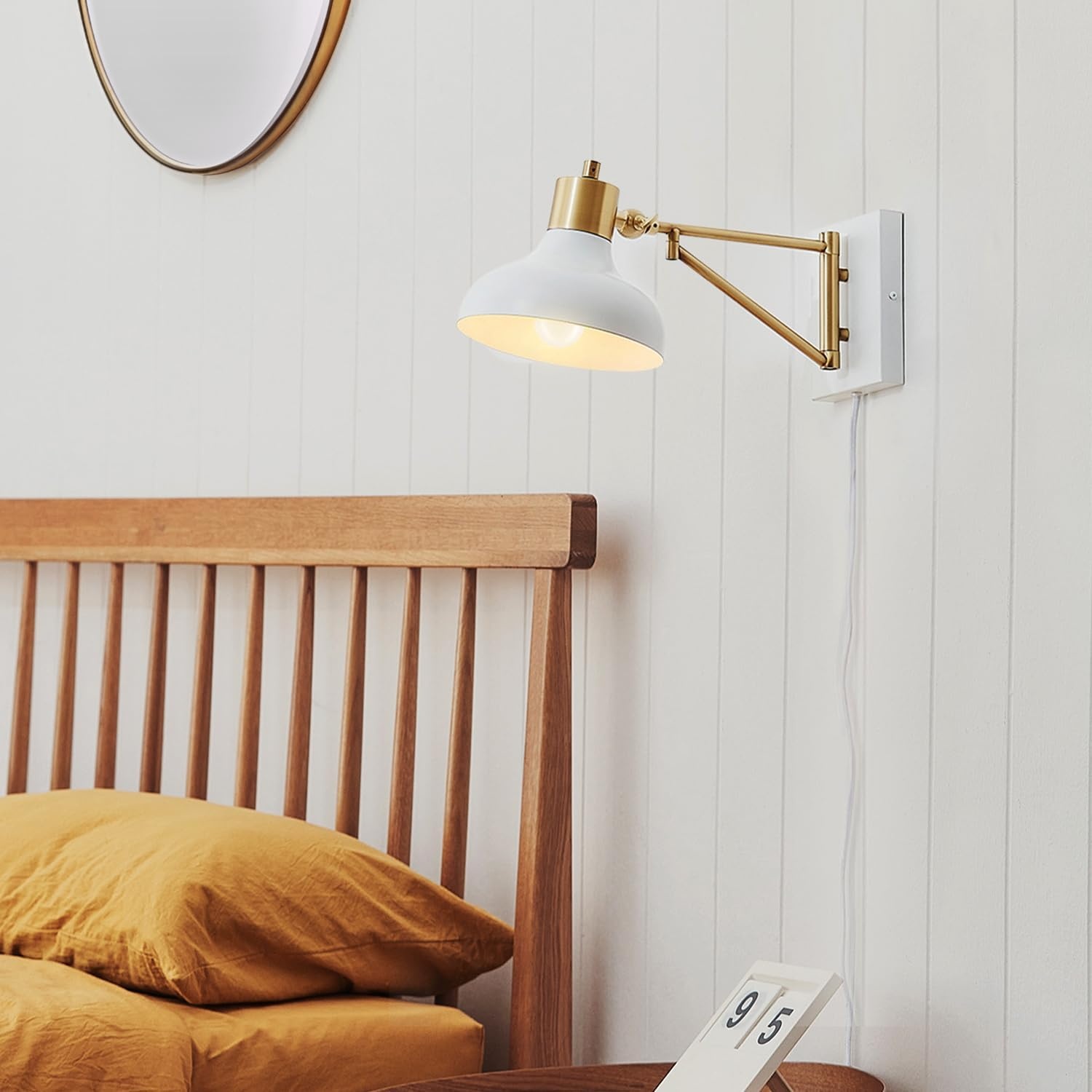 image:imageGlobe Electric 51344 1Light Plugin or Hardwire Swing Arm Wall Sconce White Brass Accents WhiteCloth Cord Mounted Bedside Lamp Kitchen Sconces WallLighting Bulb Not Included575