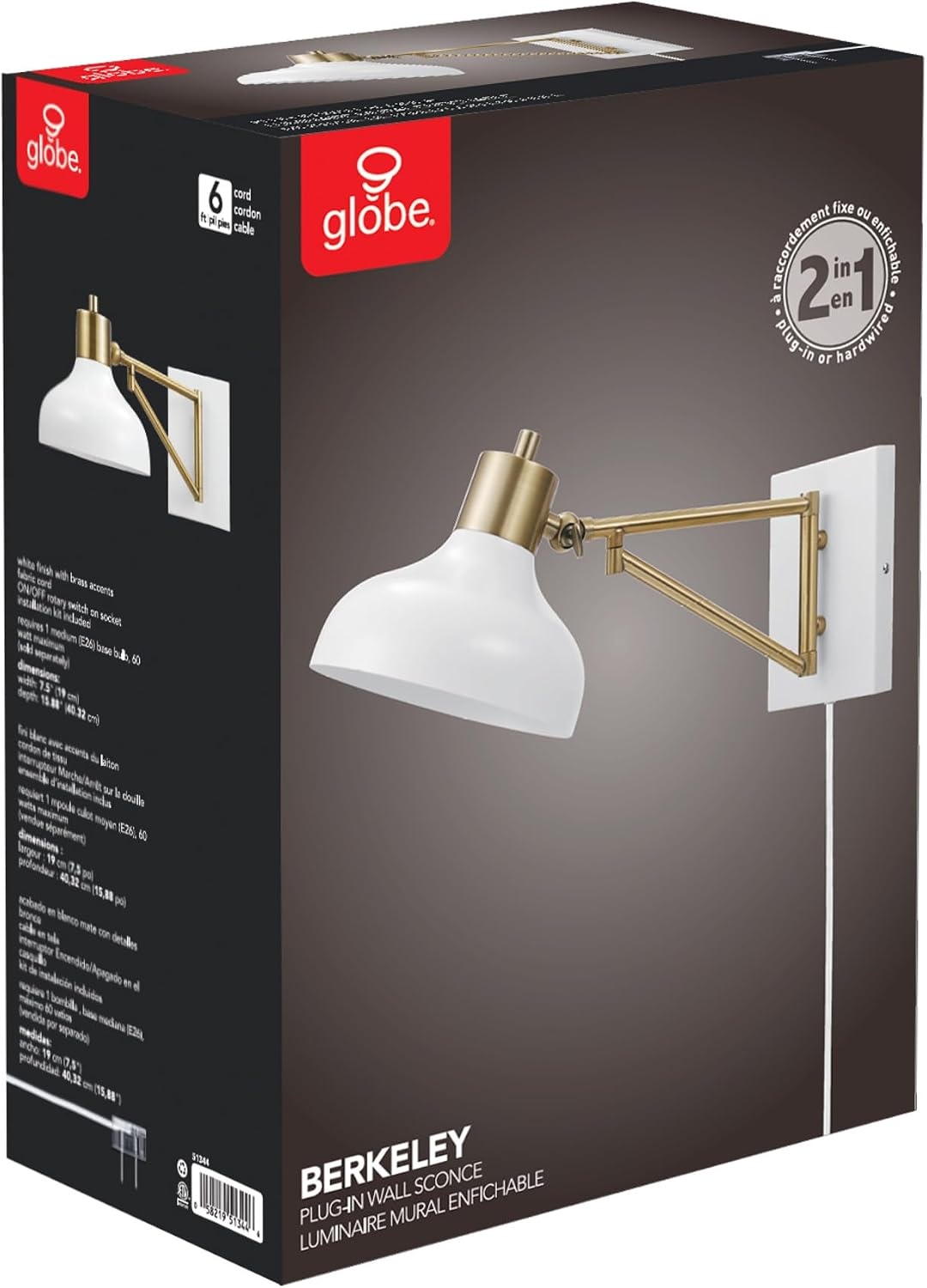 image:imageGlobe Electric 51344 1Light Plugin or Hardwire Swing Arm Wall Sconce White Brass Accents WhiteCloth Cord Mounted Bedside Lamp Kitchen Sconces WallLighting Bulb Not Included575