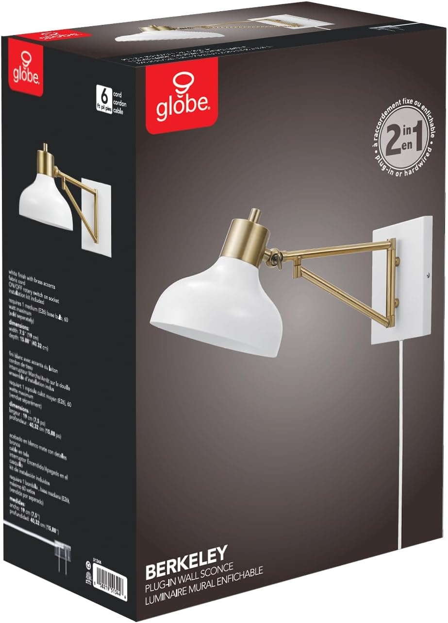 image:imageGlobe Electric 51344 1Light Plugin or Hardwire Swing Arm Wall Sconce White Brass Accents WhiteCloth Cord Mounted Bedside Lamp Kitchen Sconces WallLighting Bulb Not Included575