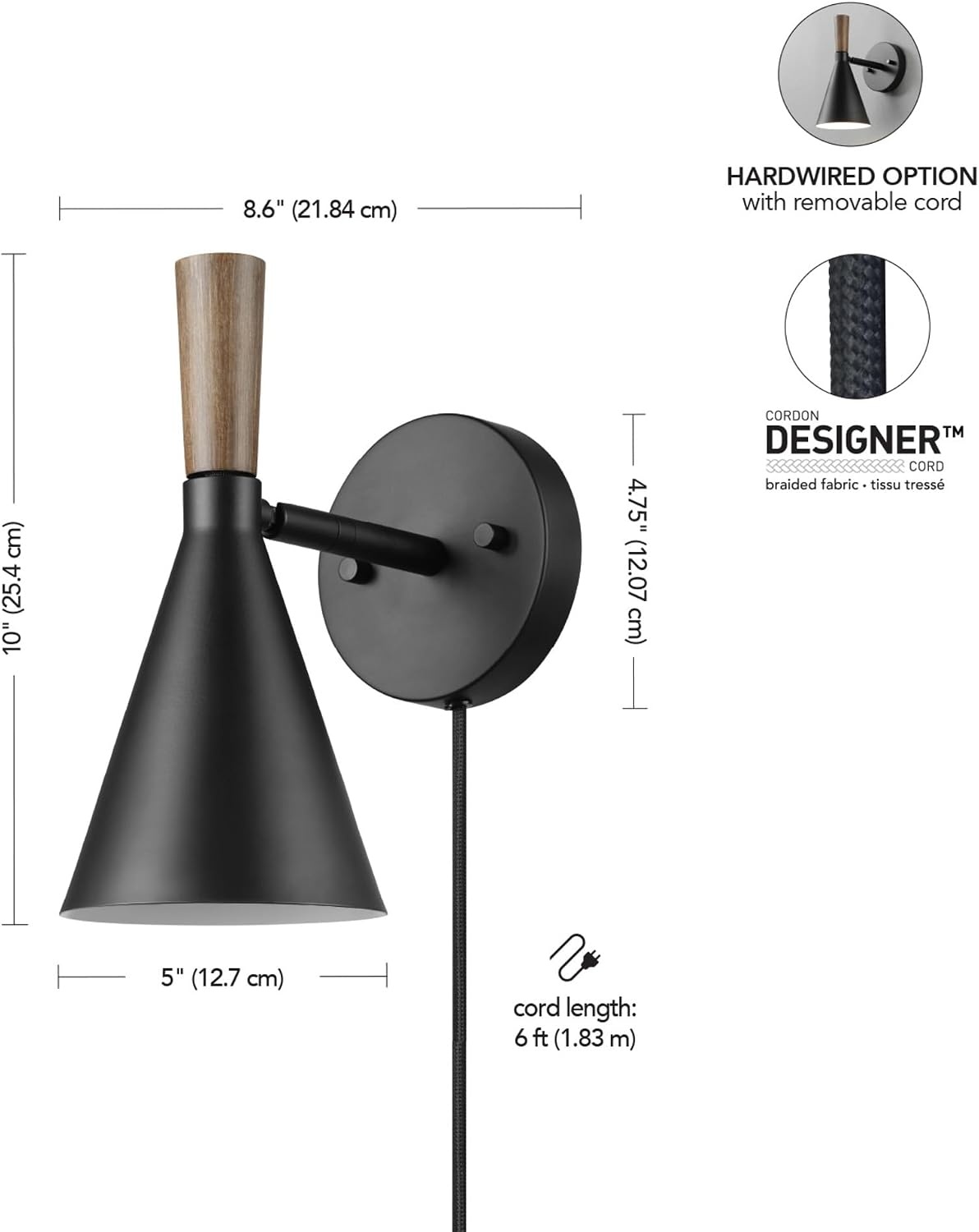 image:imageGlobe Electric 51345 1Light Plugin or Hardwire Swing Arm Wall Sconce Matte Black Brass Accents 6ft Woven Fabric Cord Flat Plug Rotary Switch Modern Light for Apartments and RentalMatte Black Danvers