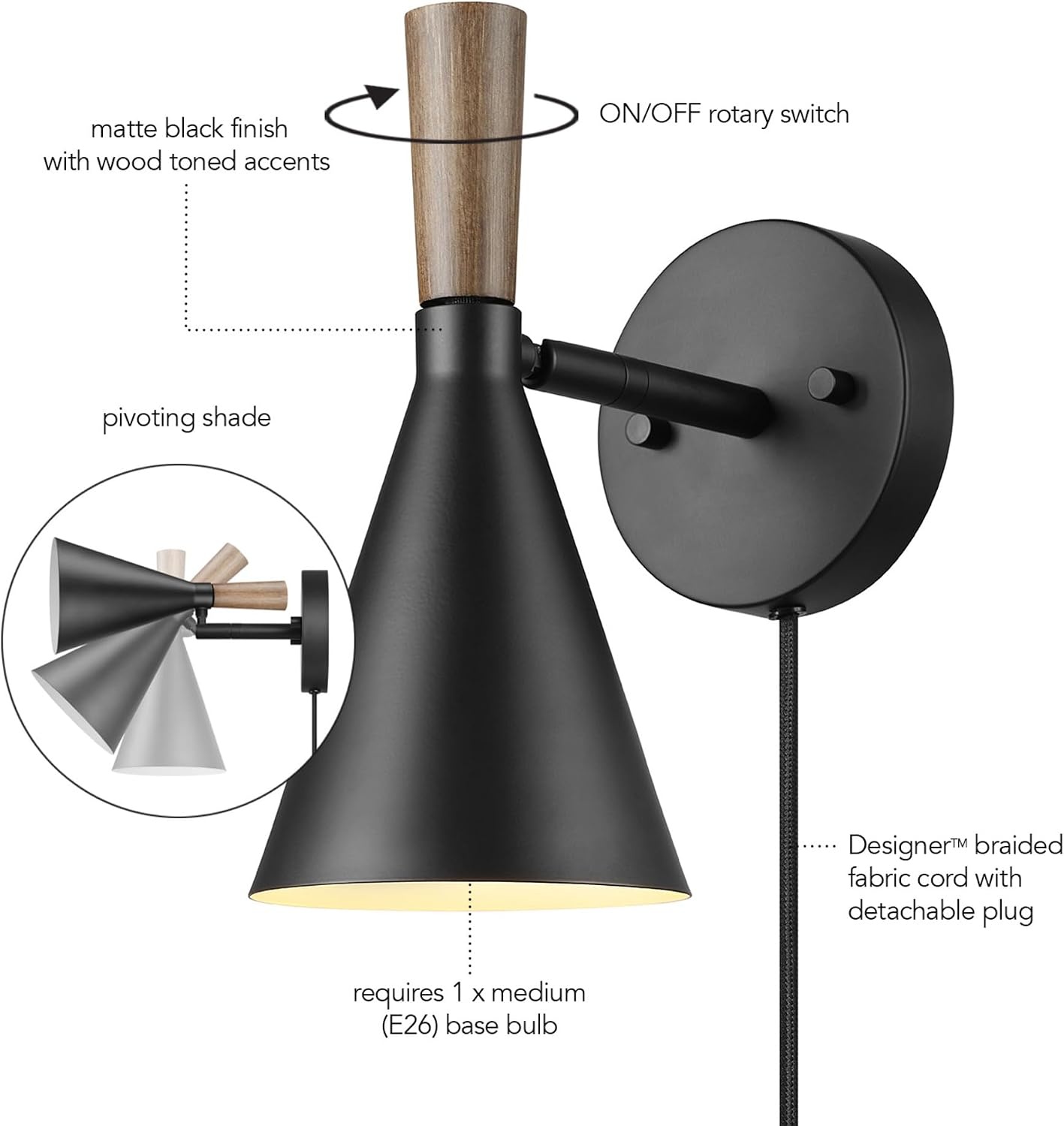 image:imageGlobe Electric 51345 1Light Plugin or Hardwire Swing Arm Wall Sconce Matte Black Brass Accents 6ft Woven Fabric Cord Flat Plug Rotary Switch Modern Light for Apartments and RentalMatte Black Danvers