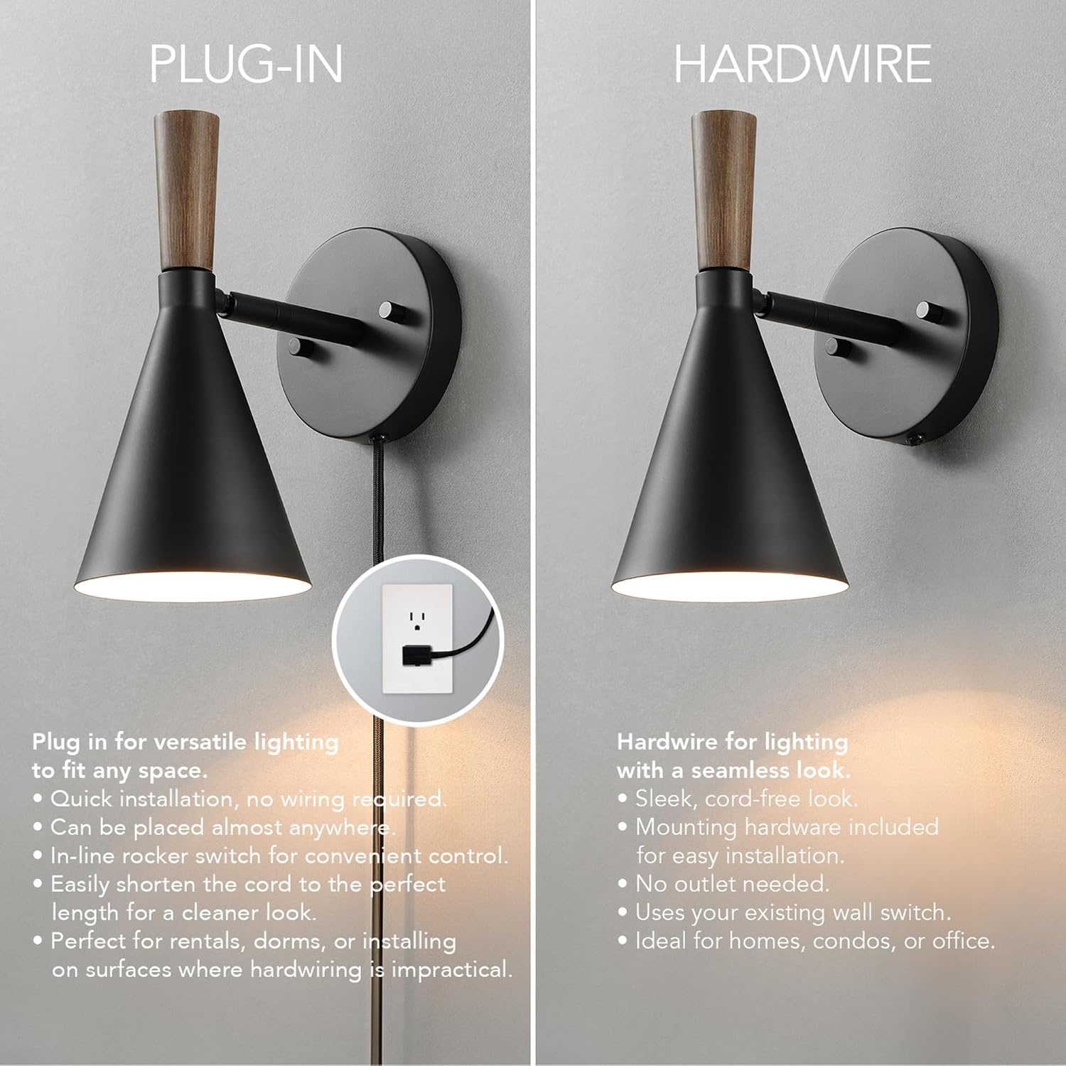 image:imageGlobe Electric 51345 1Light Plugin or Hardwire Swing Arm Wall Sconce Matte Black Brass Accents 6ft Woven Fabric Cord Flat Plug Rotary Switch Modern Light for Apartments and RentalMatte Black Danvers