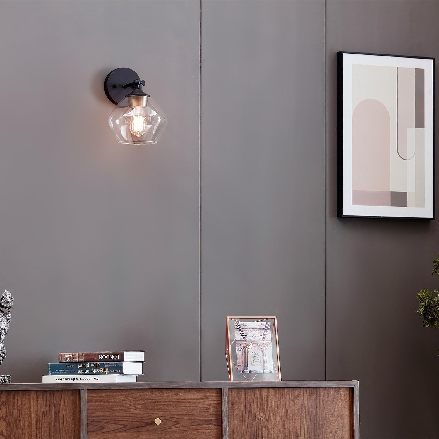 image:imageGlobe Electric 51367 1Light Wall Sconce Matte Black Gold Accent Socket Clear Glass Shade WallLamp Dimmable Lights for Bedroom Kitchen Sconces Lighting Home Decor Bulb Not IncludedMatte Black Harrow