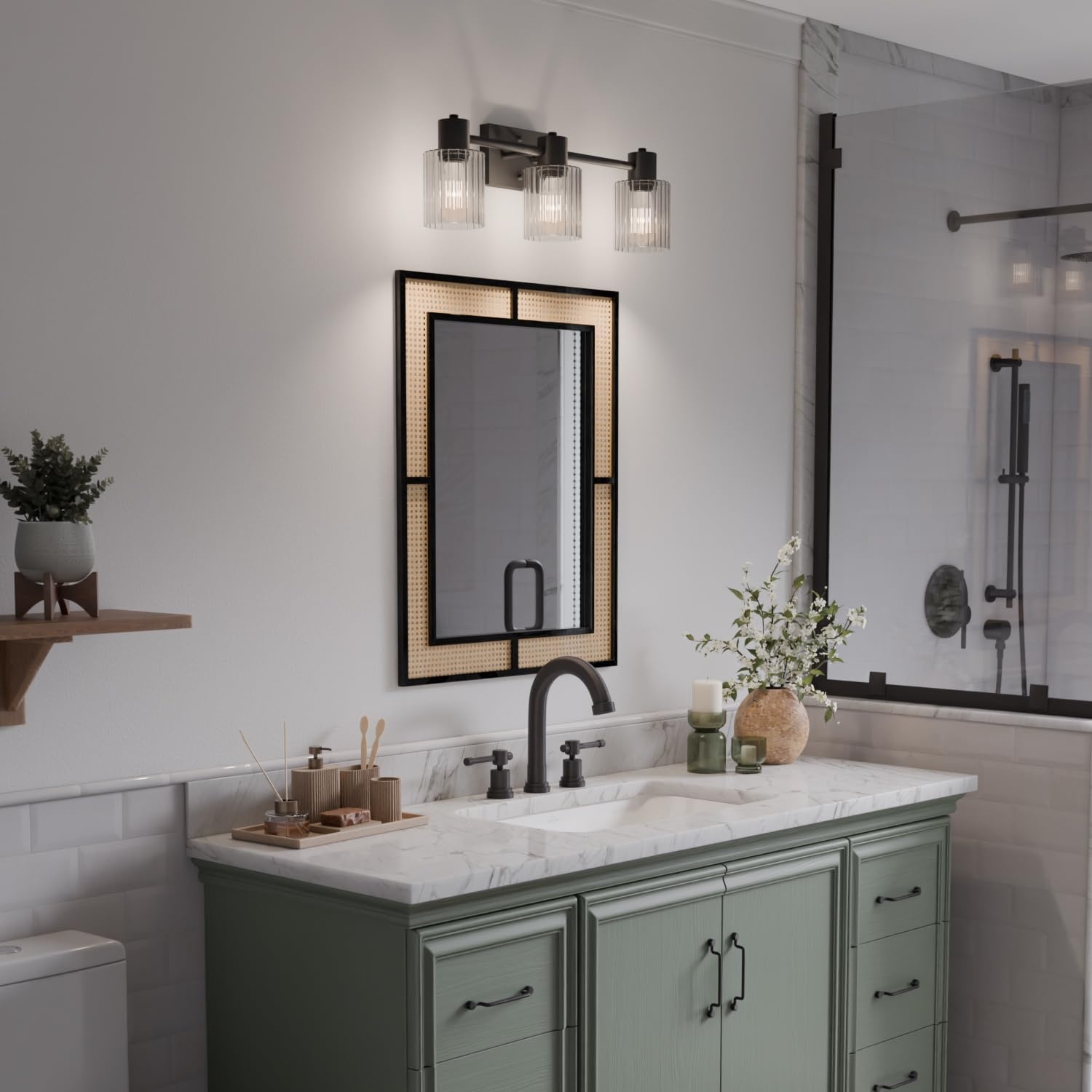 image:imageGlobe Electric 51411 3Light Vanity Light Oil Rubbed Bronze Clear Glass Shades Bathroom Lights Over Mirror Lights for Bathroom Powder Room Lighting Makeup Mirror Lights Home DcorMatte Black Ribbed Glass